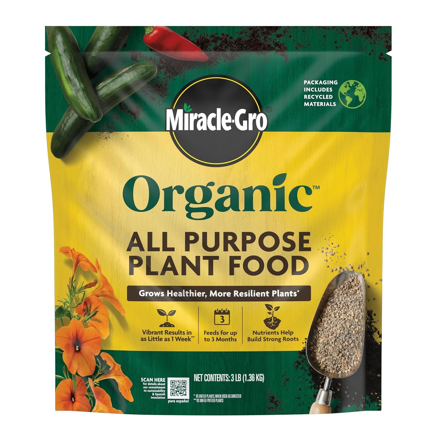 Miracle-Gro Organic All Purpose Plant Food, 3 lb. | Garden Fertilizer for Outdoor Vegetables, Flowers, Container and In-Ground Plants, Feeds up to 3 Months, OMRI Listed