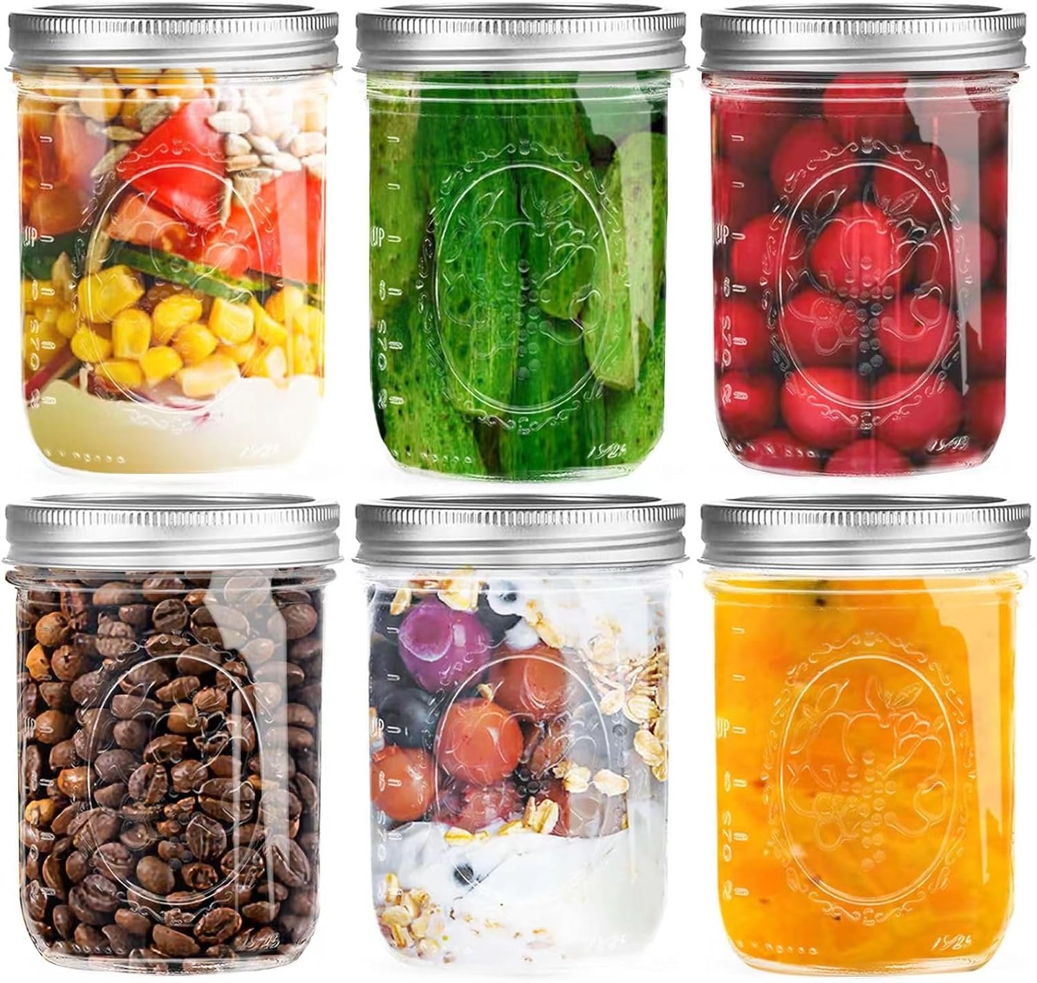 Miuyhji 16 oz Wide Mouth Glass Mason Jars with Lids, 6 Pack for Canning | Embossed measurement marks and wide mouths make filling easier for overnight oats, pickling, preserving, and meal prep