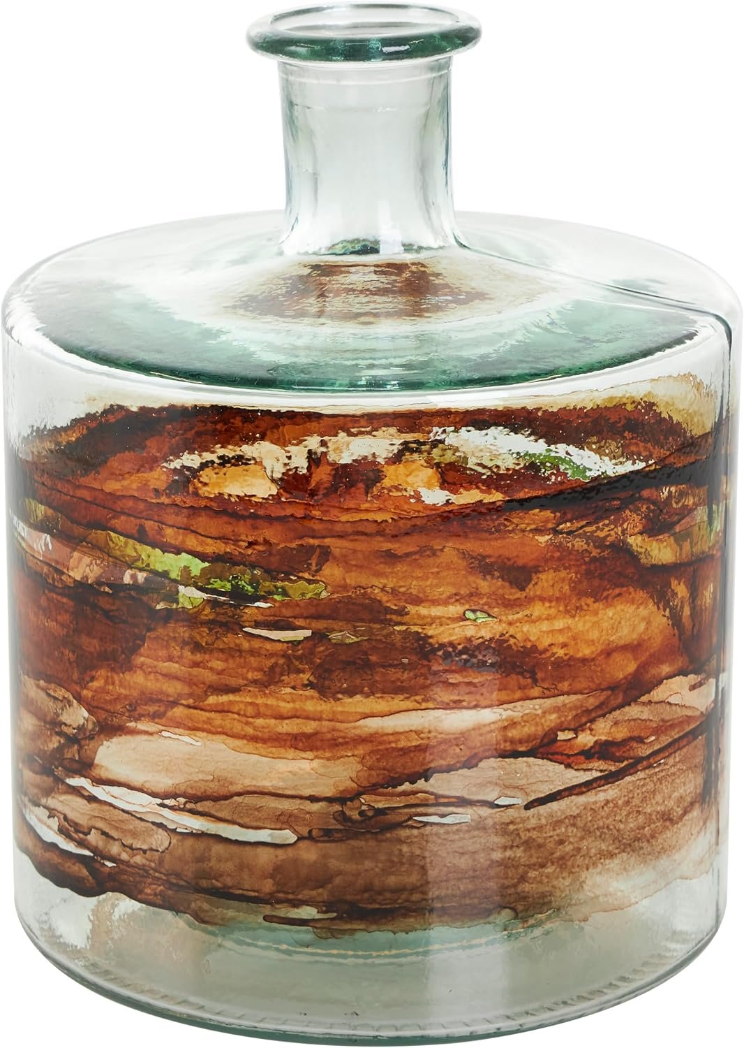 Deco 79 Recycled Glass Decorative Vase Abstract Spanish Bottle Centerpiece Vase with Swirled Colored Glass Bands, Flower Vase for Home Decoration 8″ x 8″ x 10″, Clear