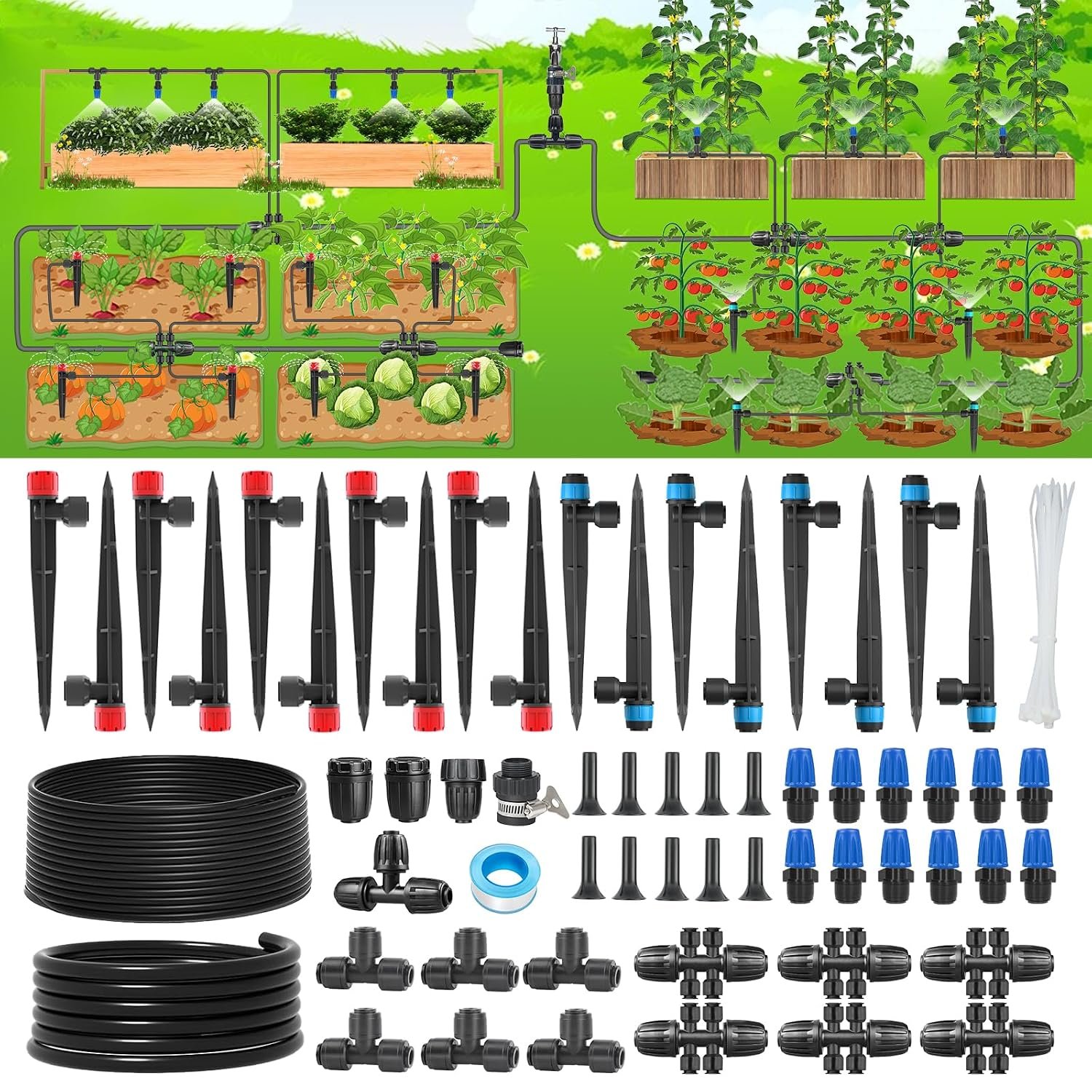 243FT Drip Irrigation Kit, Drip Irrigation System with 1/2” Hose1/4 Drip Irrigation Tubing, 2026New Quick-Connect, Three Adjustable Nozzle Types for Garden Greenhouse Flower Bed Patio Lawn