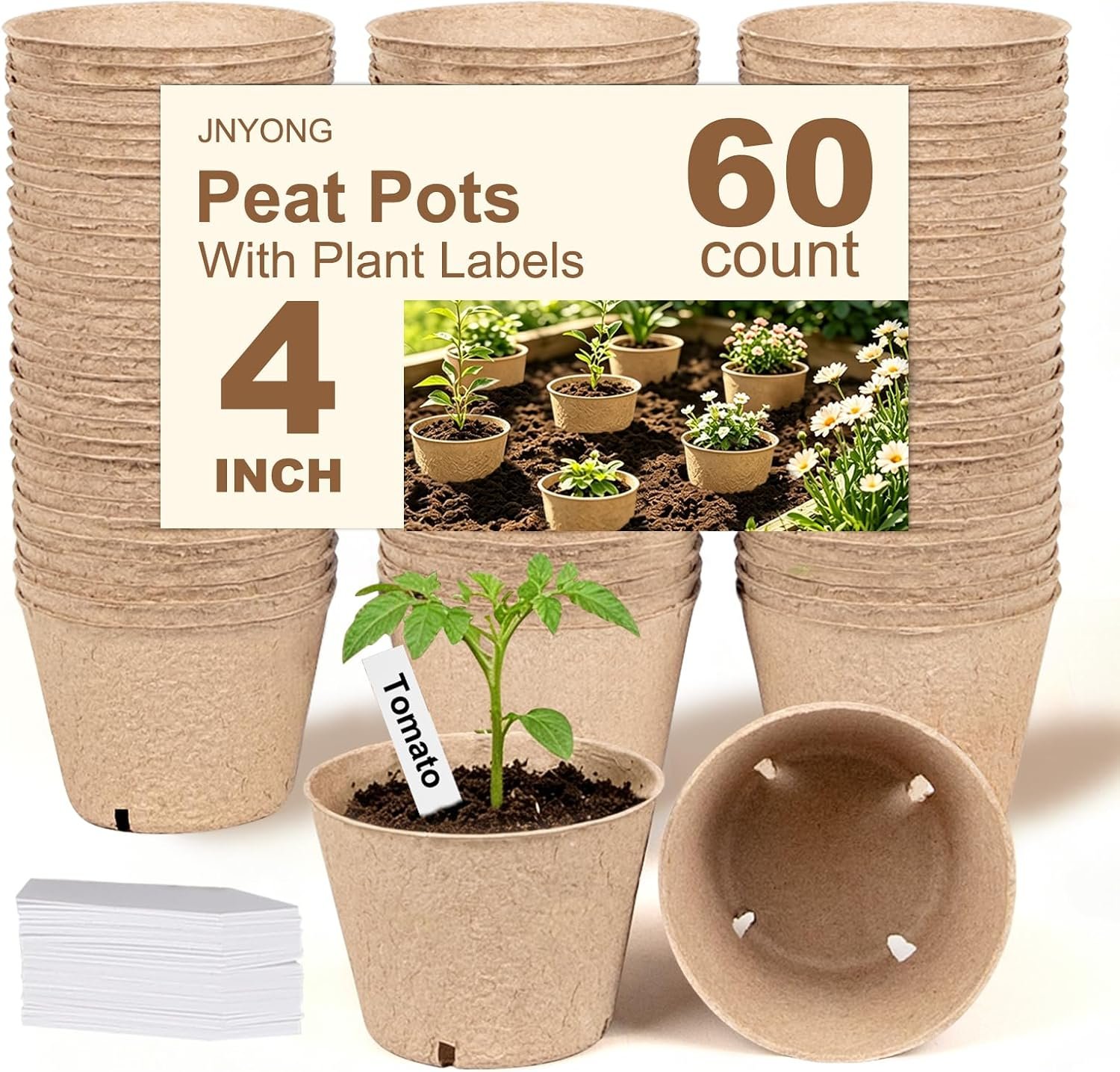 JNYONG 60 Packs 4 Inch Peat Pots,Biodegradable Pots for Seedlings with Drainage Holes, Garden Germination Nursery Pots with 50Pcs Plant Labels