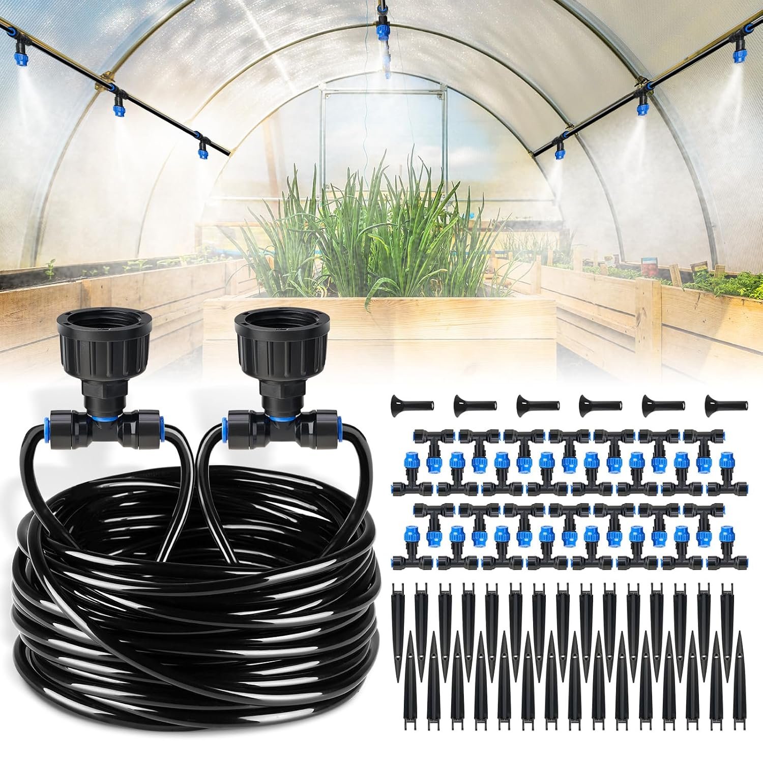 HIRALIY 118FT Drip Irrigation Kit, Quick-Connect Garden Watering System | with 30 Adjustable Misting Nozzles and 1/4 in Tubing for Greenhouse Rows, Hanging Plants, Raised Beds & Patio Gardens