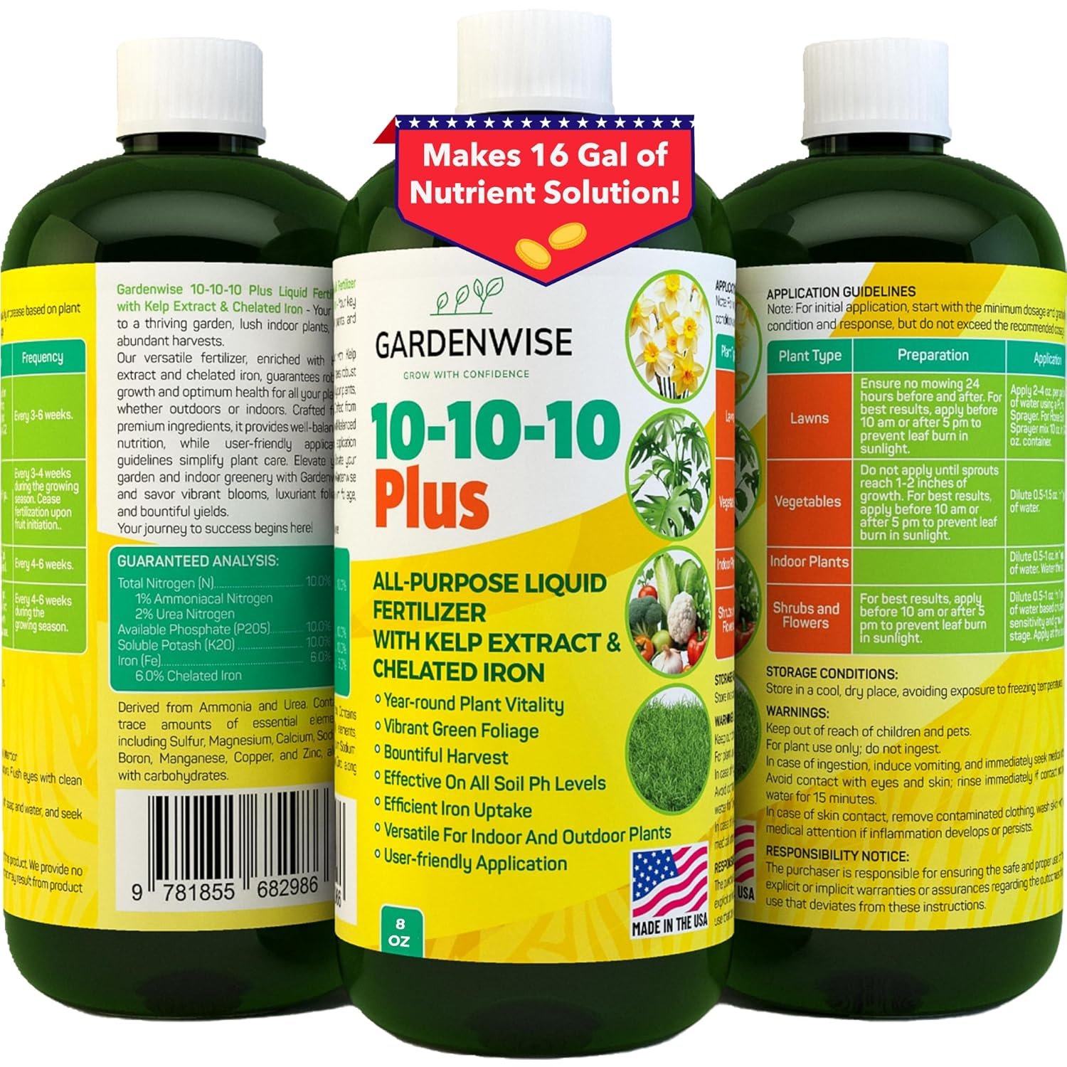 GARDENWISE 10-10-10 All Purpose Plant Food – Liquid Fertilizer with Seaweed Kelp & Iron – Indoor & Outdoor Plant Food, Vegetables, Flowers, Lawn & Garden 1x8oz