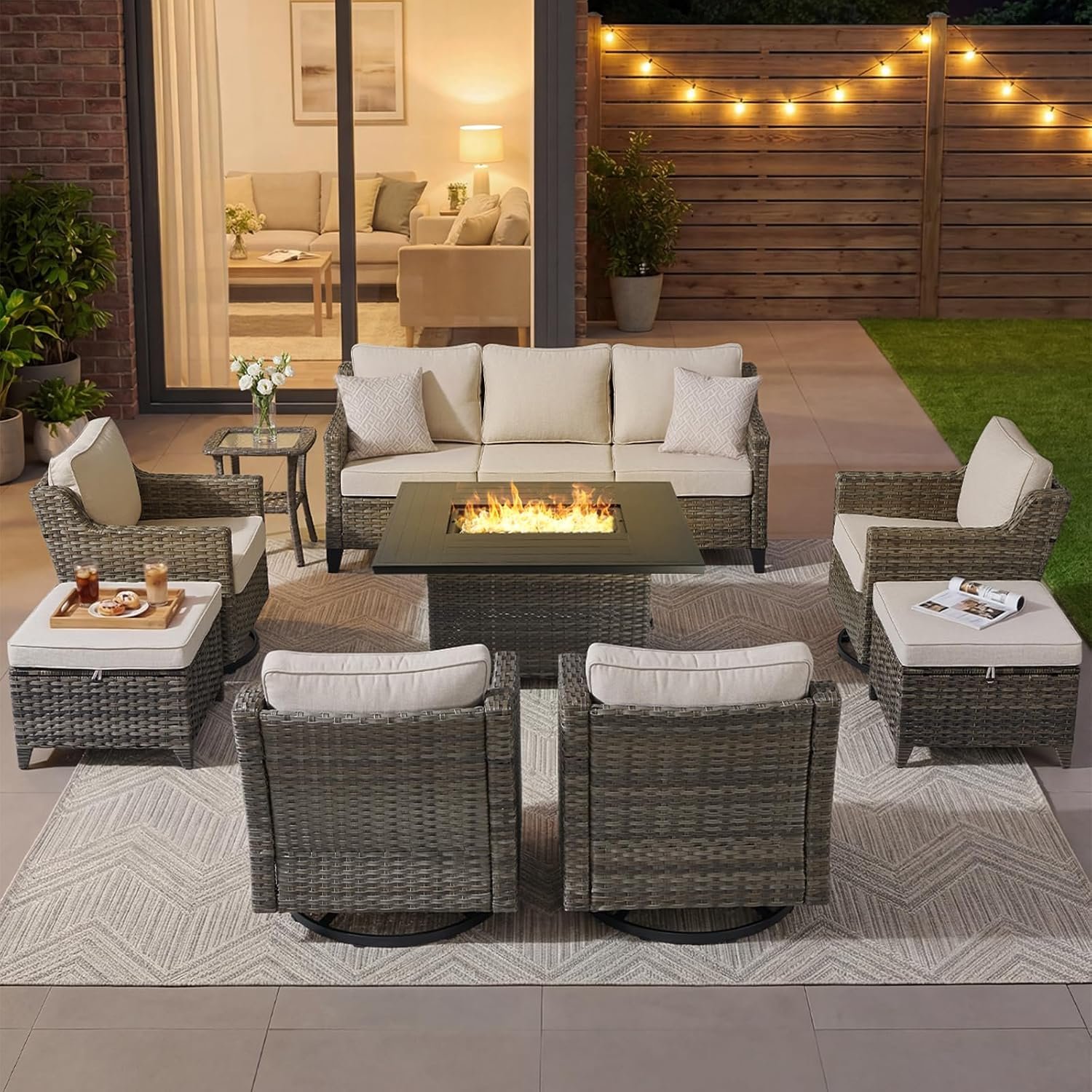 9-Piece Wicker Patio Set with Sofa, Swivel Chairs and Fire Pit Table, Beige | 360-degree swivel, gentle rocking, oversized seating, 4-inch cushions, removable zippered cover