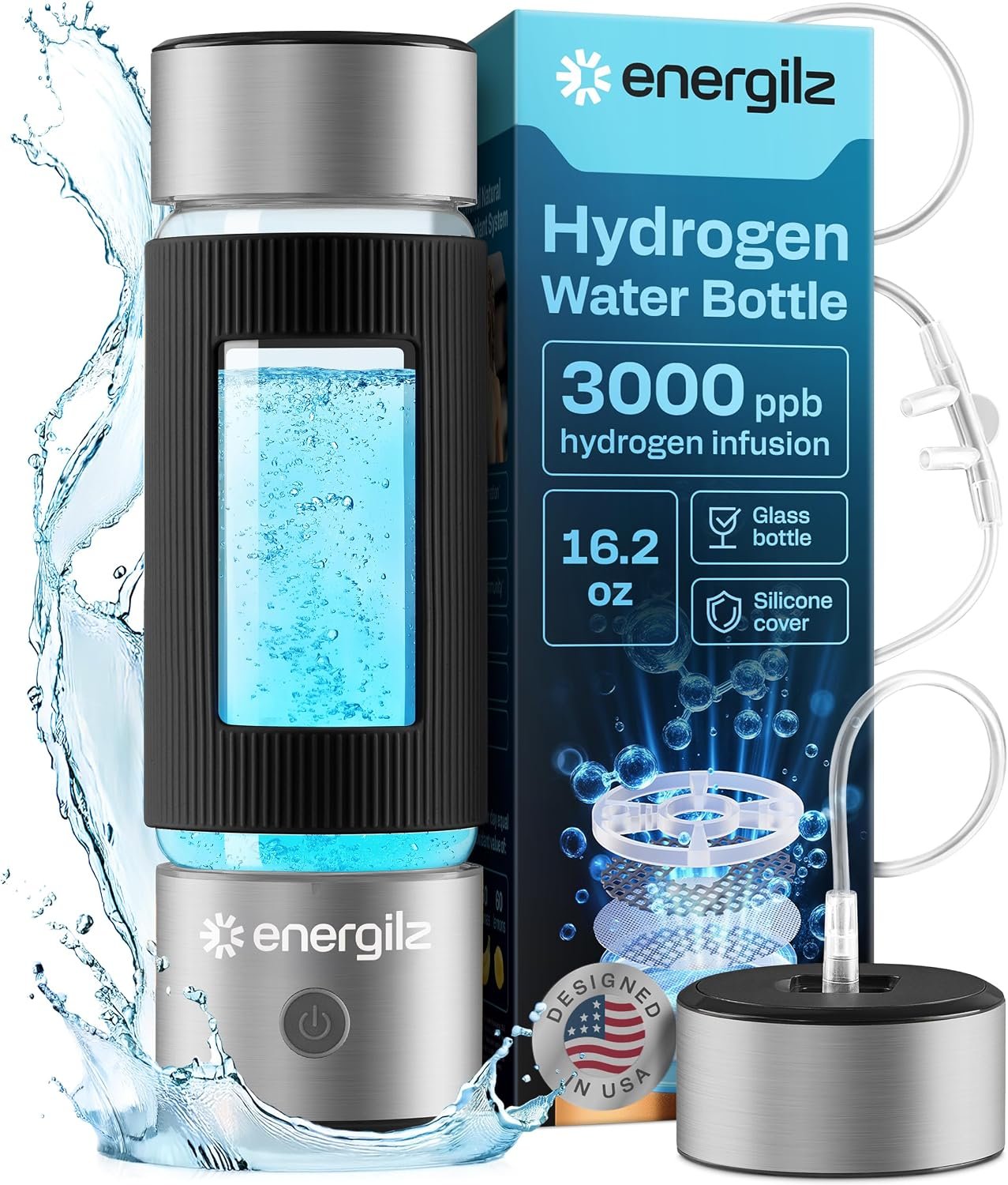 Hydrogen Water Bottle | Large 16.2 oz (480 ml) Hydrogen Water Bottle Generator 3000ppb | Hydrogenator Machine | SPE/PEM Hydrogenated Ionizer Generator (Steel w/Black)