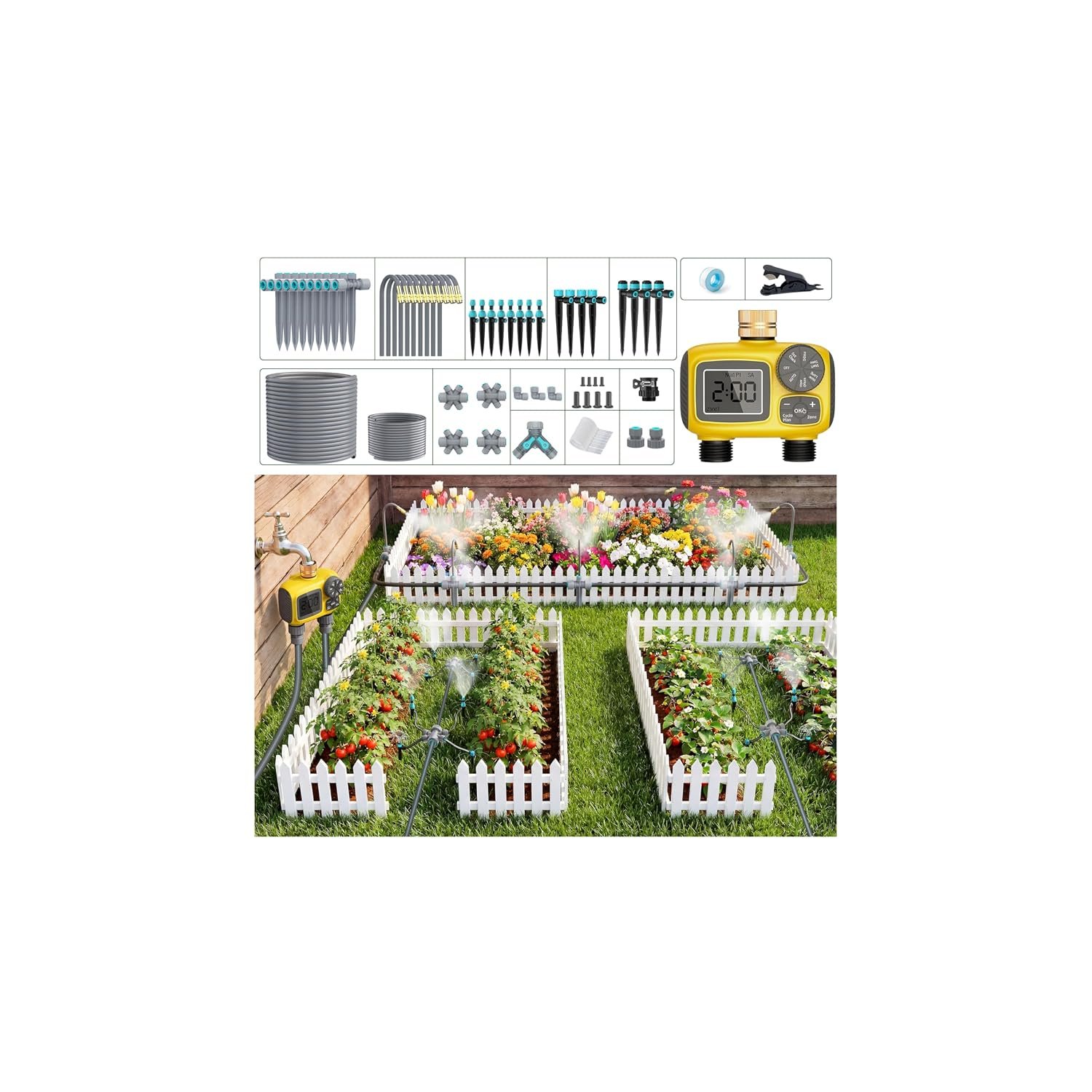 172FT Drip Irrigation System Kit with 2 Zone Water Timer for Garden | 1/2″ High-Flow Mainline Auto Watering, 26pcs 360° Nozzles & 6-Way Fast-Plug Kit for Lawn & Greenhouse, Agri & Yard Plants