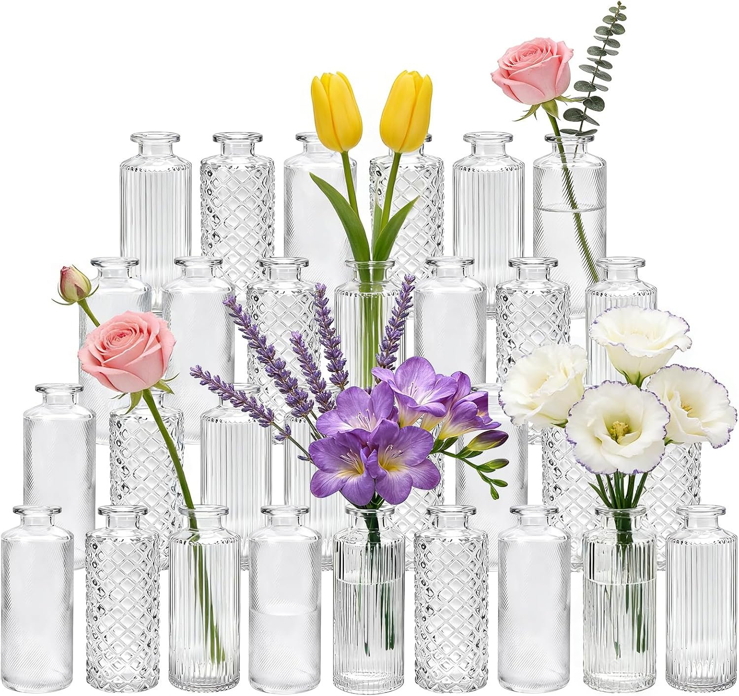 Glass Bud Vases 30 Pack, Small Clear Flower Vases for Centerpieces in Bulk | Mini Vintage Vases for Wedding, Party, Home or Table Decorations