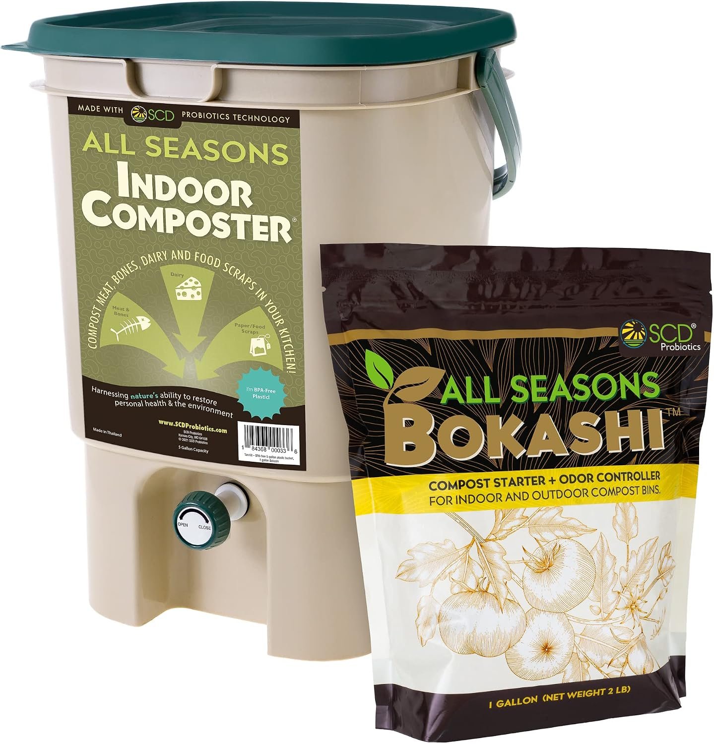 All Seasons Indoor Composter Kit – 5 Gal Bin, 2 lb Bokashi Compost Starter | Compost Meat Bones Dairy, Makes Compost Tea Fertilizer, Kitchen Compost Bin with Lid, Includes 2 lb Bokashi Bran, Recyclable