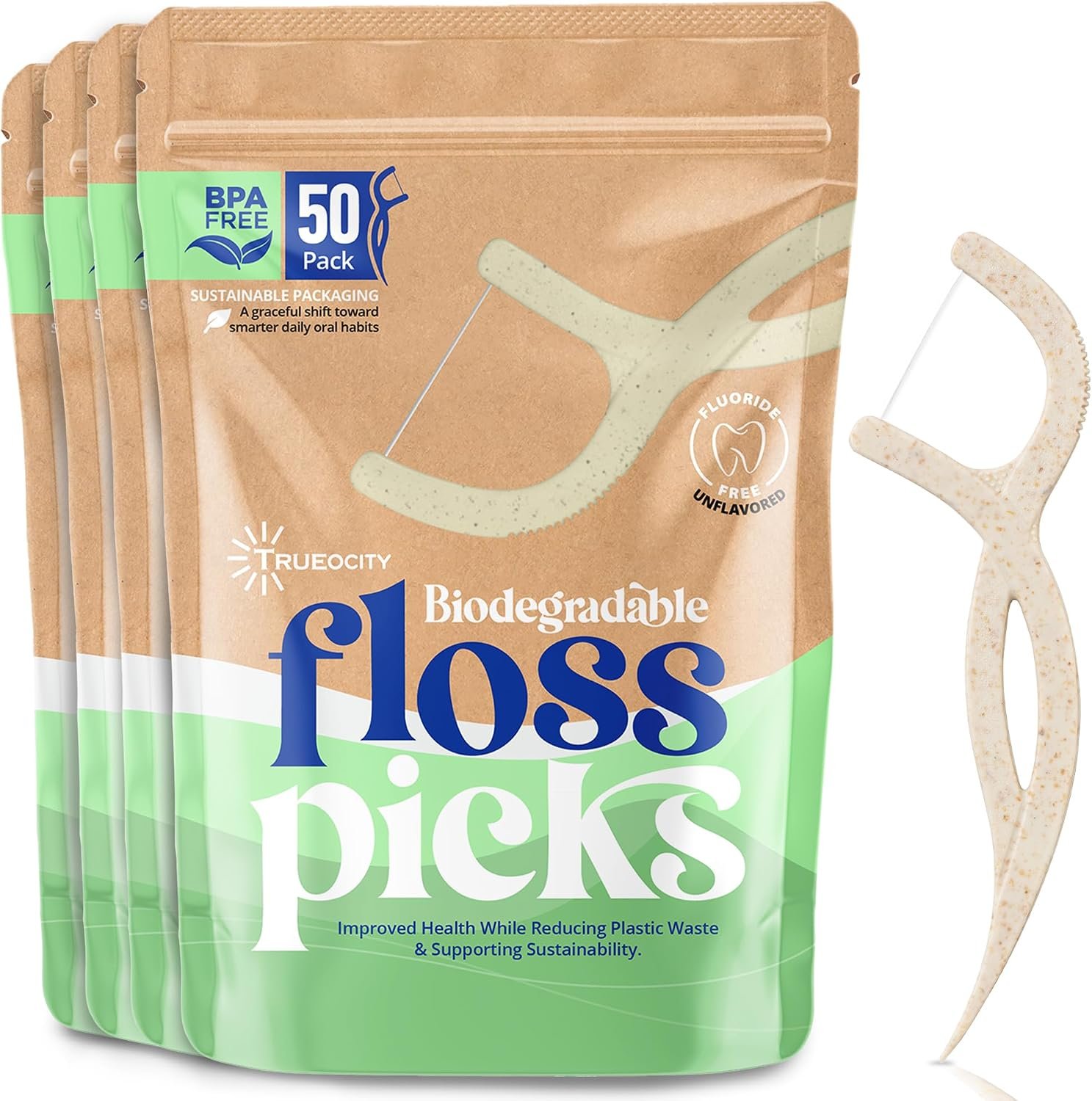 Biodegradable Floss Picks, 200 Count, 4 Cases, Dental Floss Picks that are Plant-Based, Non-Toxic flossers Biodegradable, Sustainable Vegan Floss, Also eco-Friendly Tooth flossers,Oral Care Solution