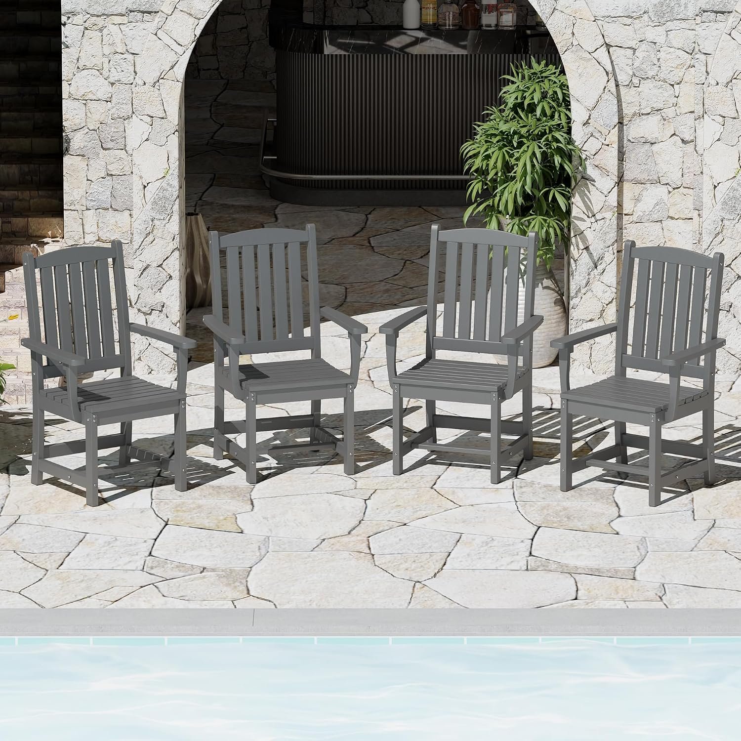 ROCSUMOO Outdoor HDPE Dining Chair Set of 4, HDPE Outdoor Furniture, Grey | Patio Chairs Set with Armrest, All-Weather Durable Outdoor Furniture for Backyard, Garden, Lawn & Poolside, Grey (4 Chairs)