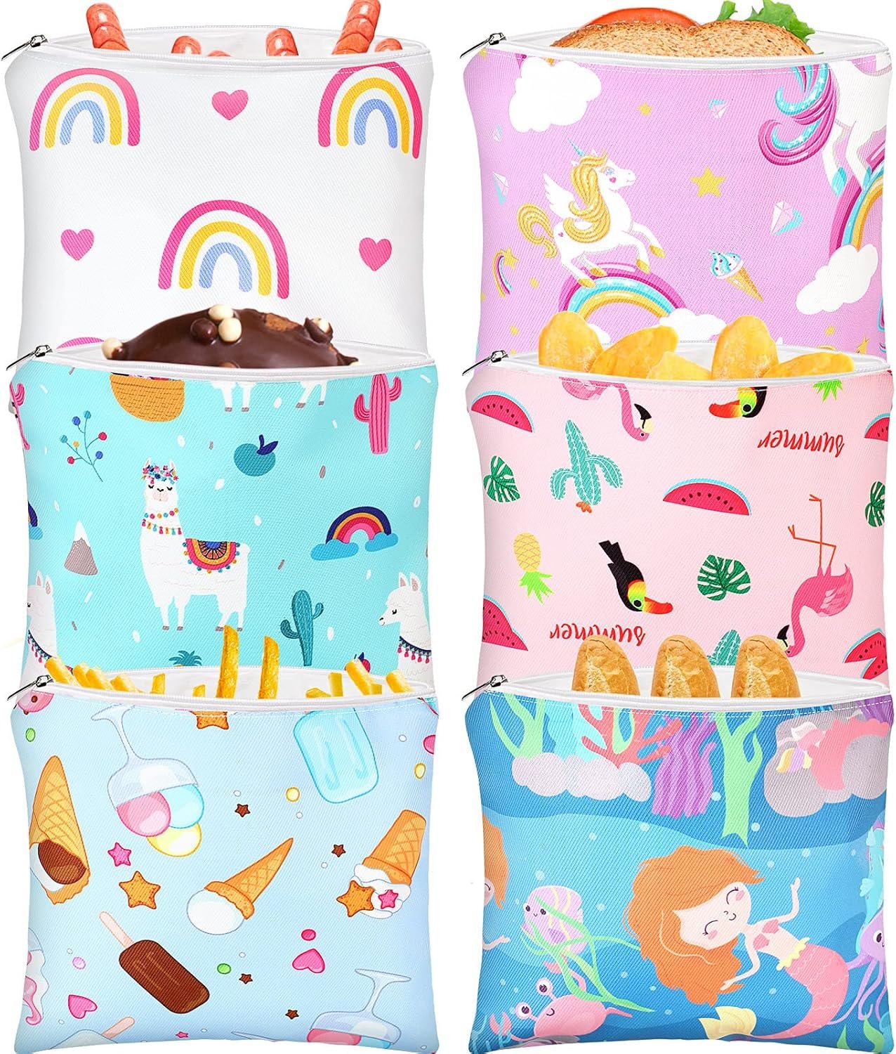 Chumia 6 Pack Reusable Snack Bags for Kids, Washable Sandwich & Food Storage Pouches, Dual-layer Silicone Lined Lunch Bags with Zipper for School & Travel(Cute,7 x 7 Inches)
