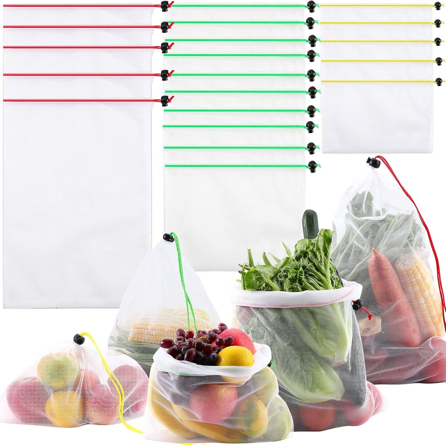 20 Pack Reusable Produce Bags,Mesh Produce Bags Washable,See-Through Vegetables Fruits Bag,Premium Strength Toy Storage Mesh Bags with Drawstring for Fruits Vegetables Fridge Storage Toys,3 Sizes | See-Through Vegetables Fruits Bag, Premium Strength Toy Storage Mesh Bags with Drawstring for Fruit Vegetables Fridge Storage