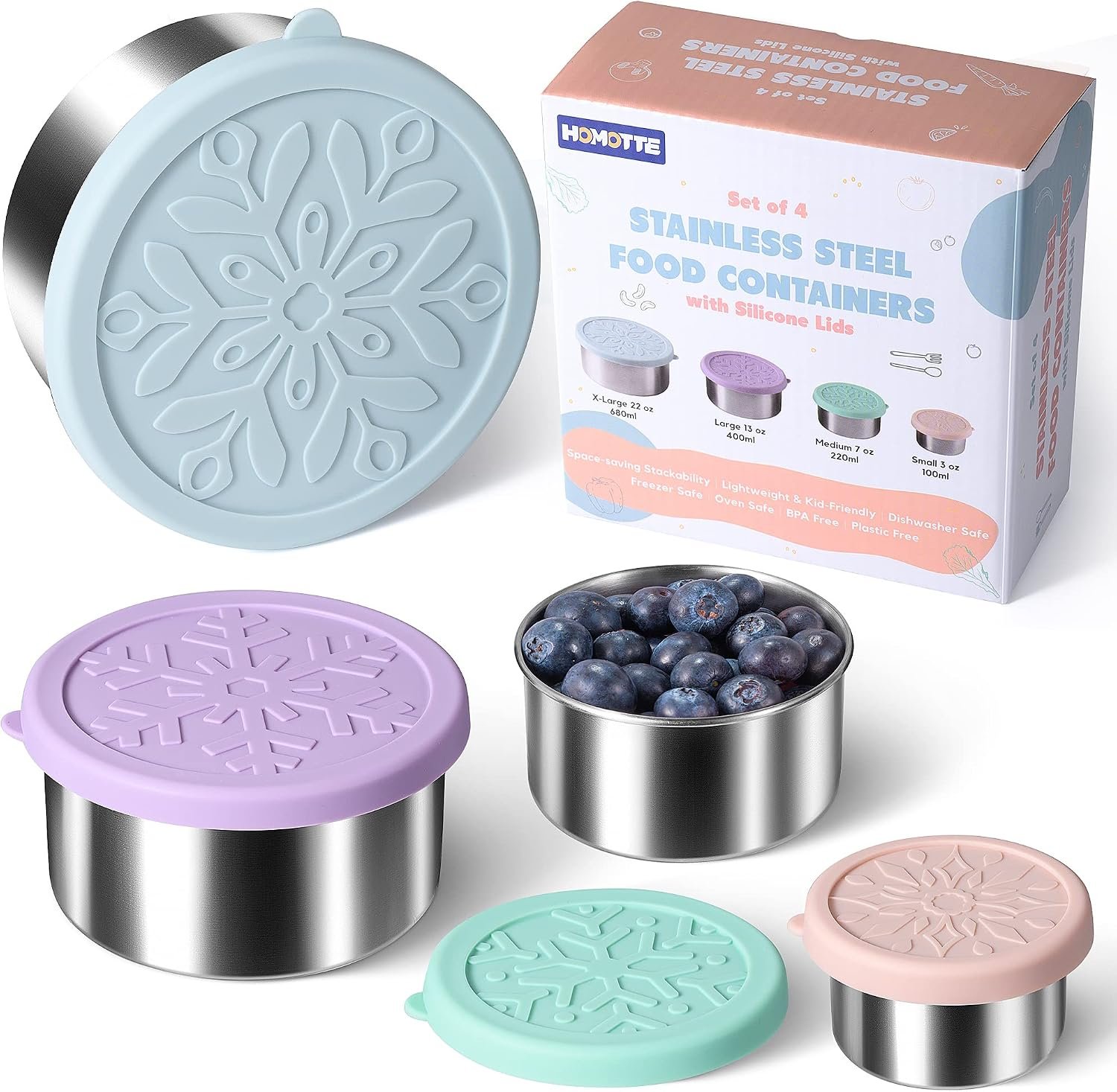 18/8 Stainless Steel Food Snack Storage Containers(4 Pack: 3/7/13/22oz) | Stackable, Leakproof Lunch Box with Silicone Lid, for Kids and Toddler Home School Use