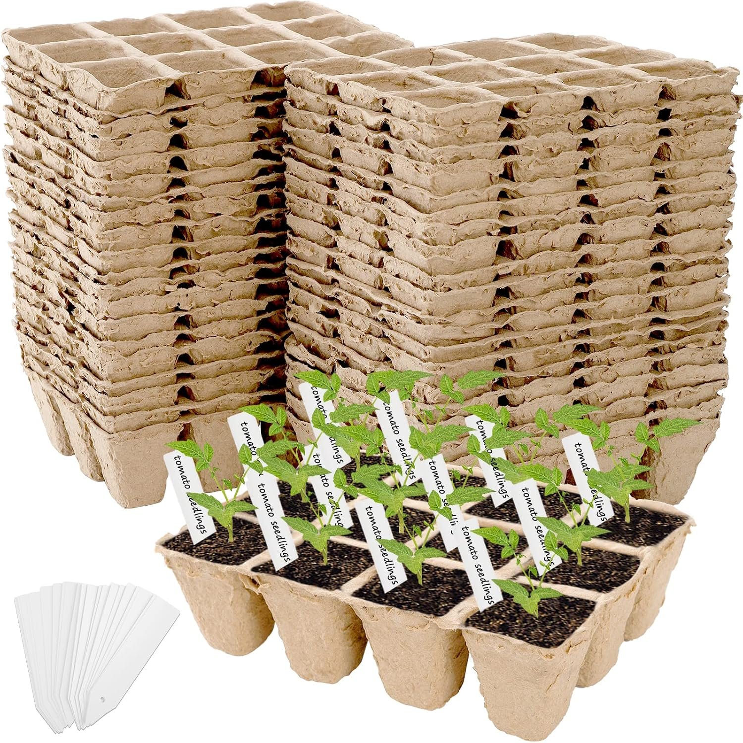 40 Pack Peat Pots Seed Starter Trays, 480 Cells Germination Seedling Pots, Organic Biodegradable Plant Germination Tray with 40 Plant Labels for Vegetable Flower, Herbs, Indoor Outdoor Garden