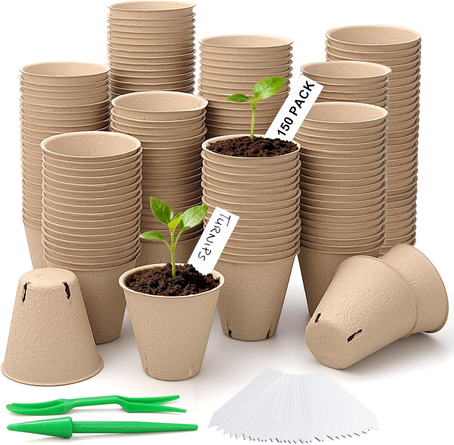 150 Pcs Peat Pots 3.15 Inch Seed Starting Pots with Drainage Holes, Round Garden Plant Nursery Pots wit 30 Plant Labels, 2 Transplant Tools.
