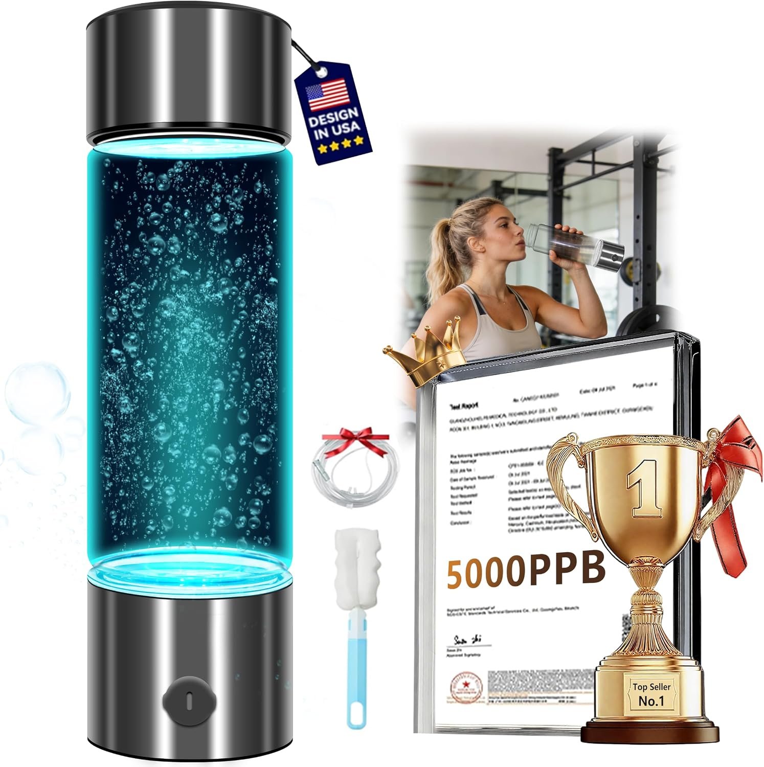 2026 New Hydrogen Water Bottle-Hydrogen Concentration up to 5000 PPB【Certified Hydrogen Generator】 2026 SPE/PEM Technology Odorless Double Hydrogen Content for Sports/Home/Office/Travel HC2