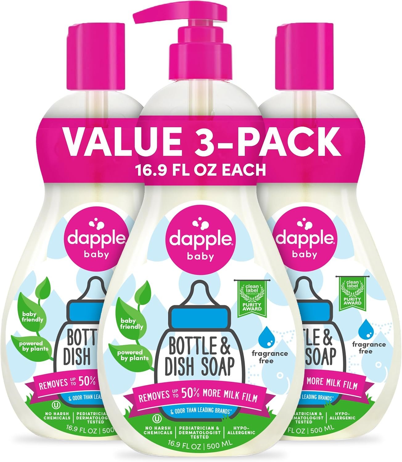 Dapple Baby Fragrance Free Bottle & Dish Soap – (3 Pack) 16.9 fl oz – Cleans Baby Bottles, Sippy Cups, Pacifiers, Breast Pumps, & More – Gently Removes Milk Film & Odors – Includes 1 Pump
