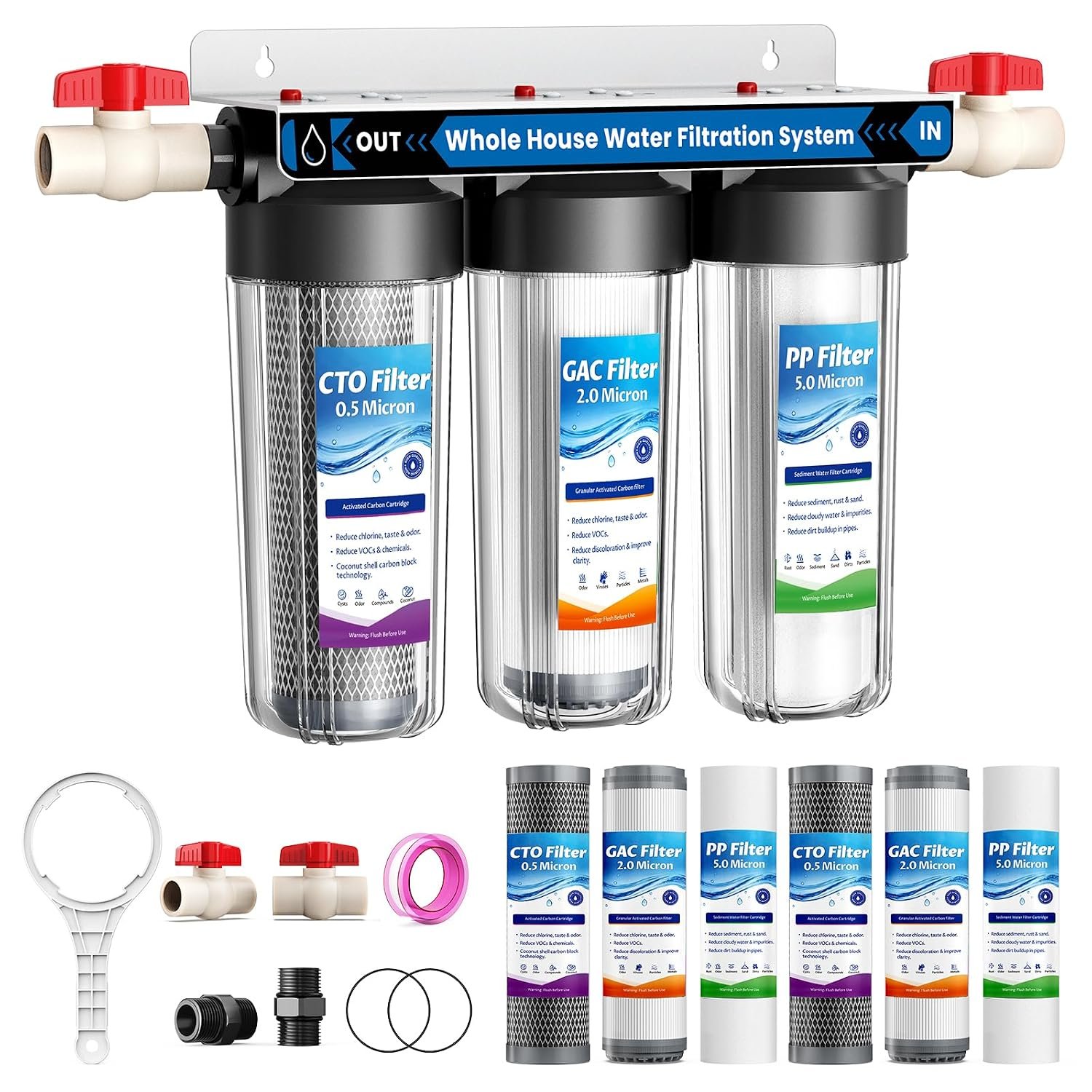 3-Stage Whole House Water Filter System with 9 Filters, 0.5 Micron