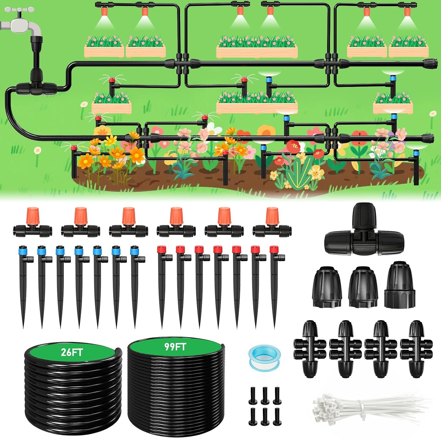 125FT Drip Irrigation System, Automatic Drip Irrigation Kit with 5/16″ Main Tube & 1/4″ Branch Tubing, Adjustable Drip Emitters, Garden Watering System for Flower Bed, Raised Beds, Lawn, Greenhouses
