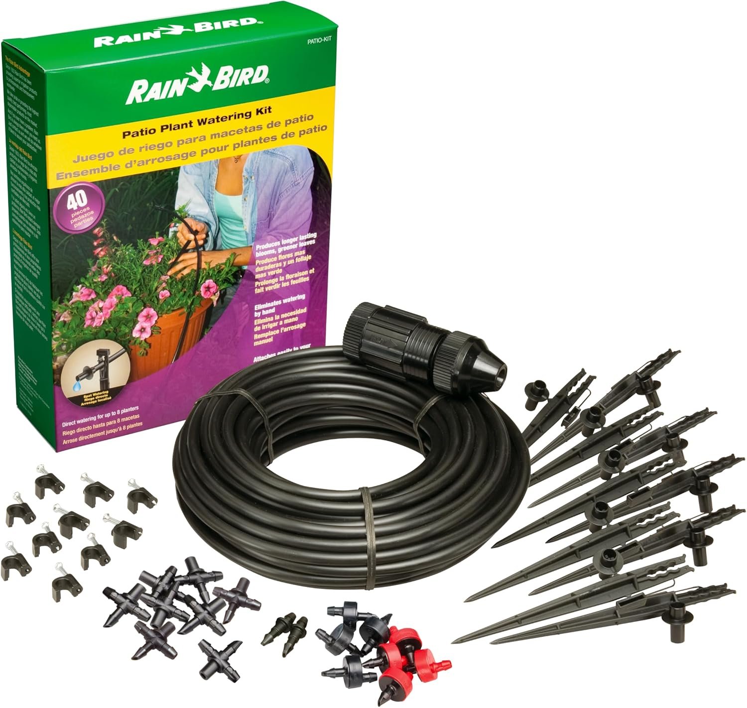 Rain Bird PATIOKIT Drip Irrigation Patio Watering Kit, Connects to Faucet, 1/4″ Drip Tubing