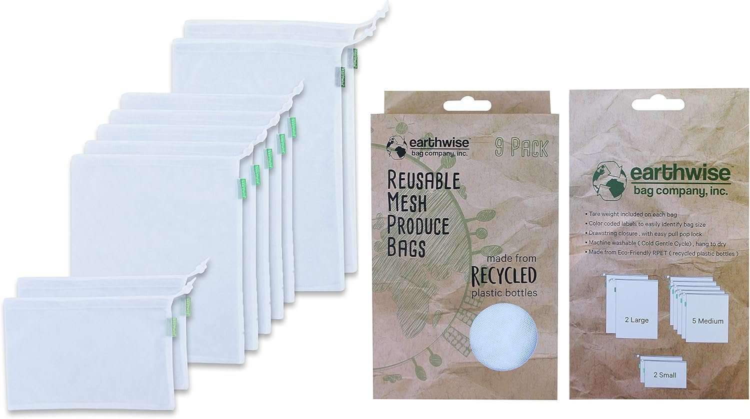 Earthwise Reusable Produce Bags Premium Mesh Set of 9 Bags Made from Recycled Plastic Bottles Ultra Durable, Eco Friendly See Through Transparent Material, Earth Friendly Gift Box (Rpet Mesh)