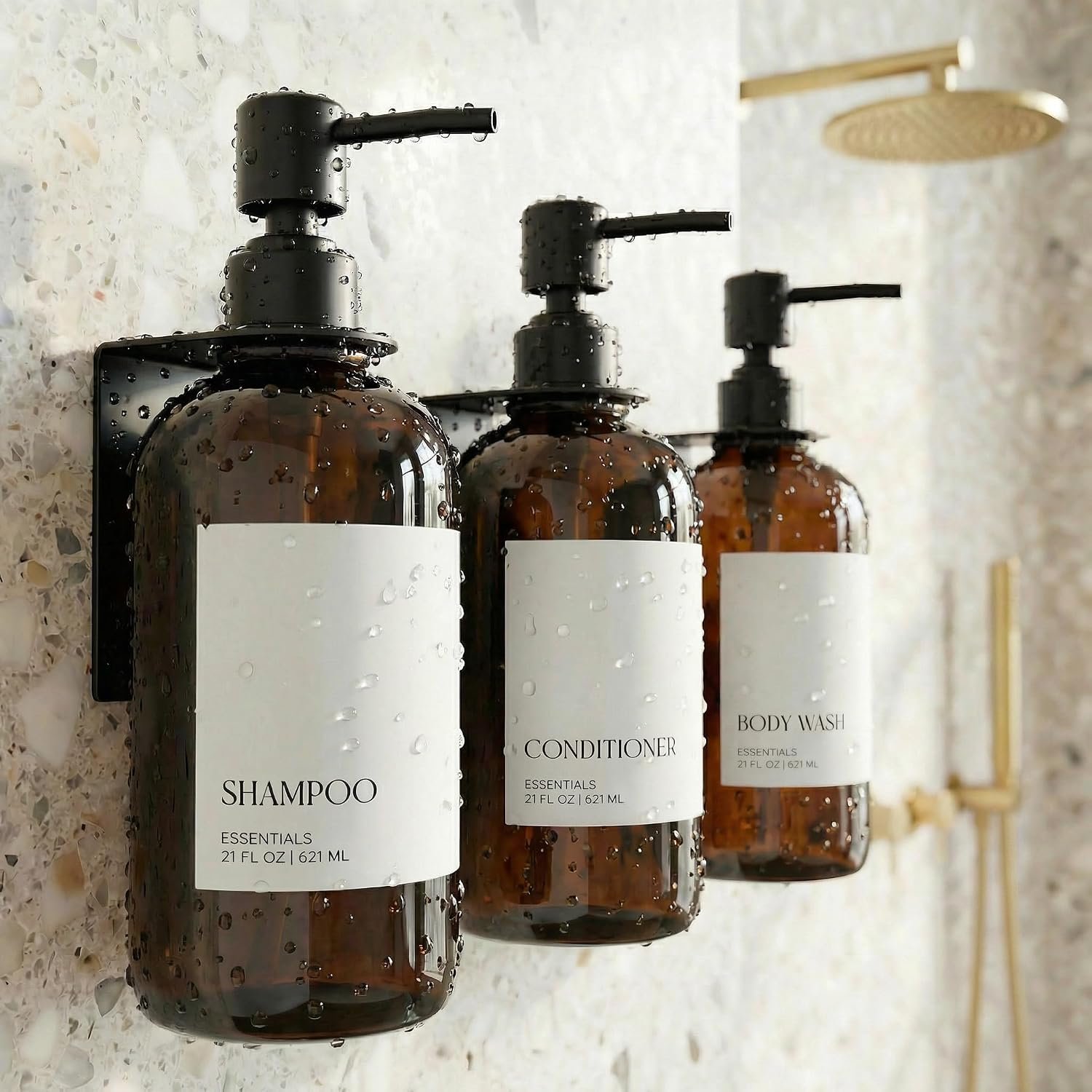 Stylish Shampoo and Conditioner Dispenser Set of 3 for Wall Mount – Modern Drill Free 21oz Shower Soap Bottles with Labels – Easy Refill Body Wash Dispensers for an Instant Bathroom Decor Upgrade