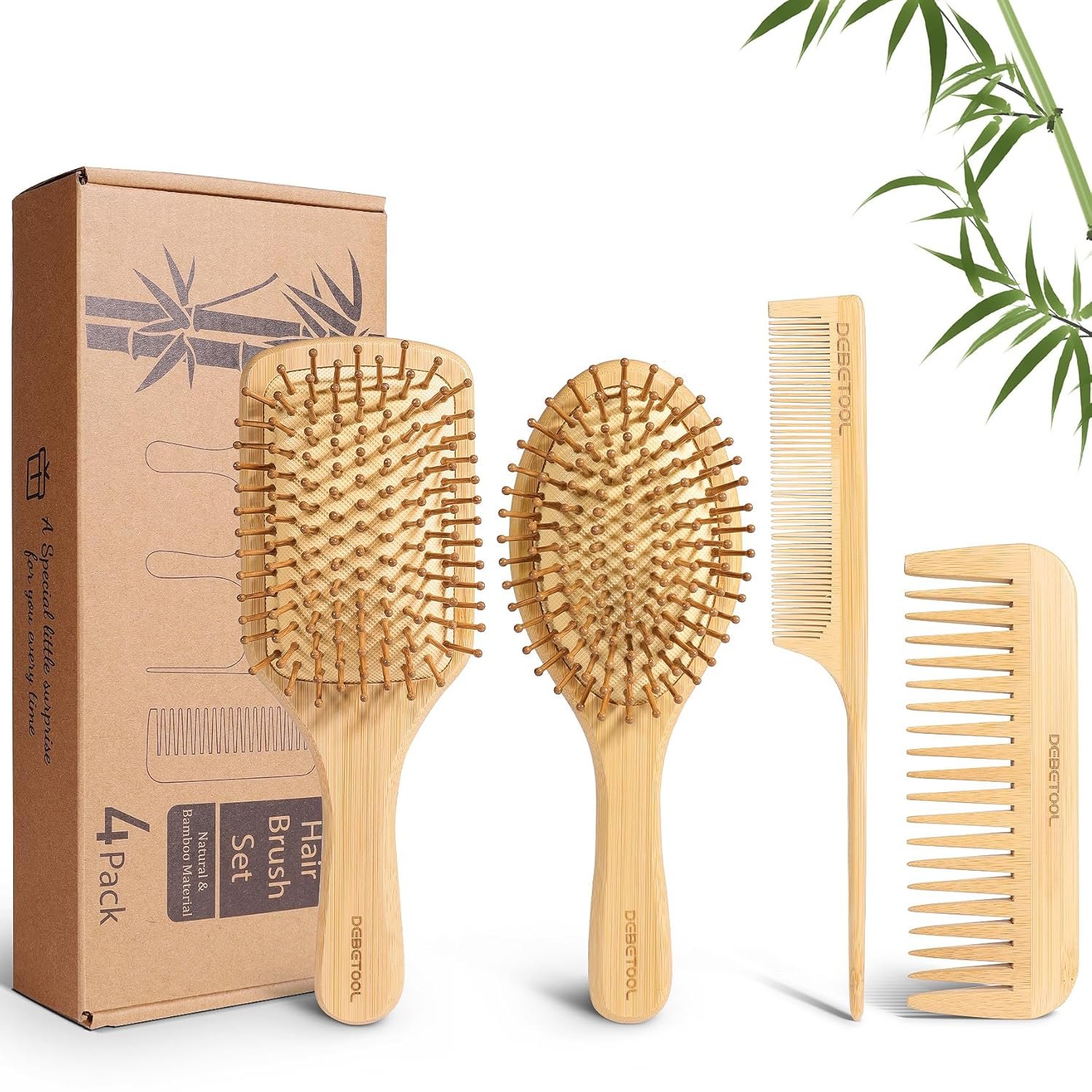 DEBETOOL Bamboo Hair Brush Set with Wide-tooth and Tail Comb | Natural Wooden Paddle Brush for Hair Growth, Ergonomic Detangler for Thick Curly Hair, Women Gift Kit