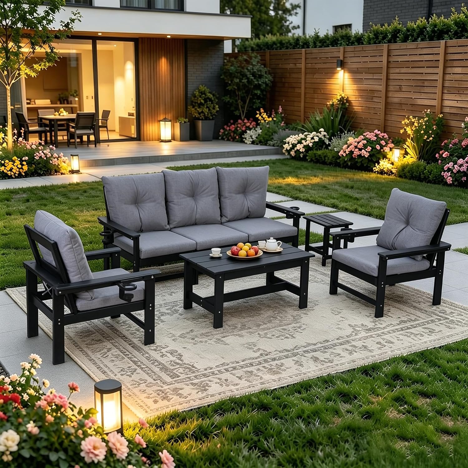 HDPE Outdoor Patio Furniture Set, 7 PCs All Weather Performance Patio Conversation Set w/Back and Seat Cushions, Free Combination Outdoor Furniture for Patio, Lawn, Poolside, Backyard, Black