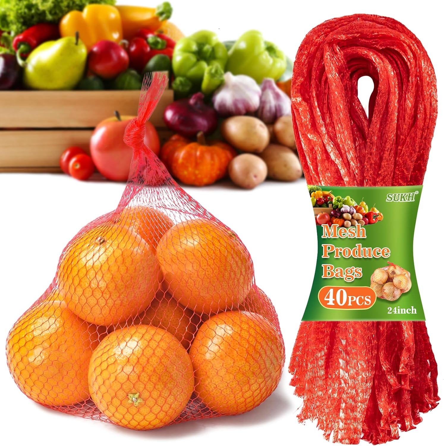 Sukh 90PCS Mesh Produce Bags – 24Inch Vegetable Storage Net Bags Red | Mesh Vegetable Bags for Onion, Fruits, Seafood, and Other Agricultural Products Storage, Garden Harvest Produce Bags