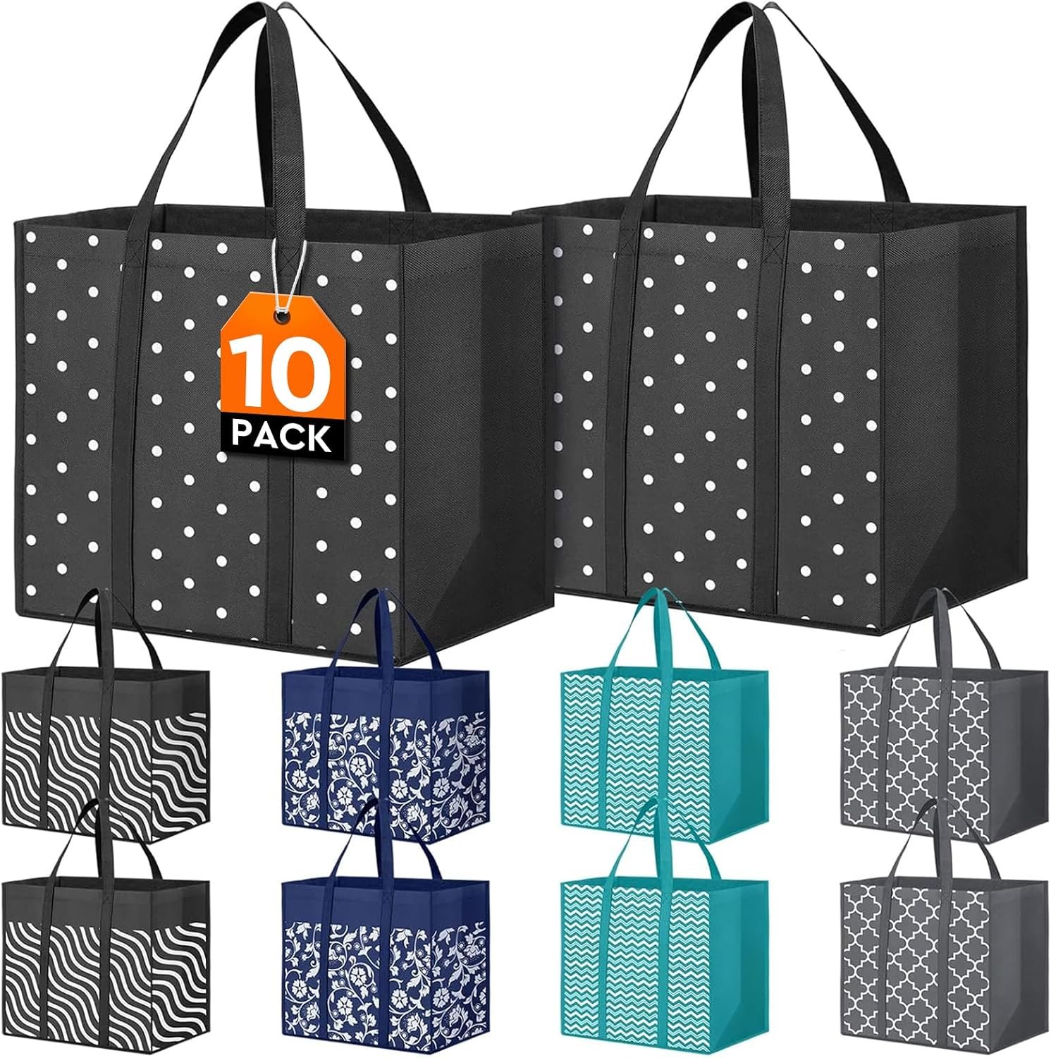 10 Pack Reusable Grocery Bags Waterproof Tote Bags for Shopping Groceries | 35L Large Capacity, Heavy-Duty, Waterproof, Lightweight, Foldable Tote with Sturdy Handles, Polka Dot Design