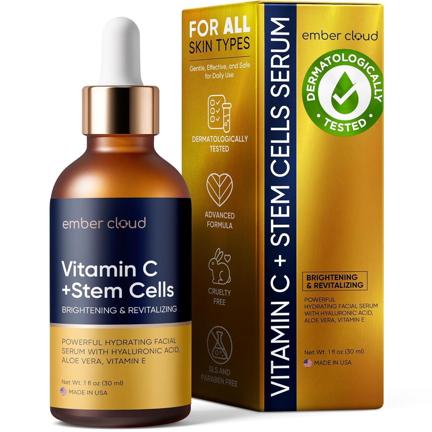 Vitamin C Serum for Face with Stem Cells & Hyaluronic Acid 1 Oz | Anti-Aging Brightening Serum for All Skin Types, Cruelty Free, Made in USA, with Aloe Vera & Vitamin E
