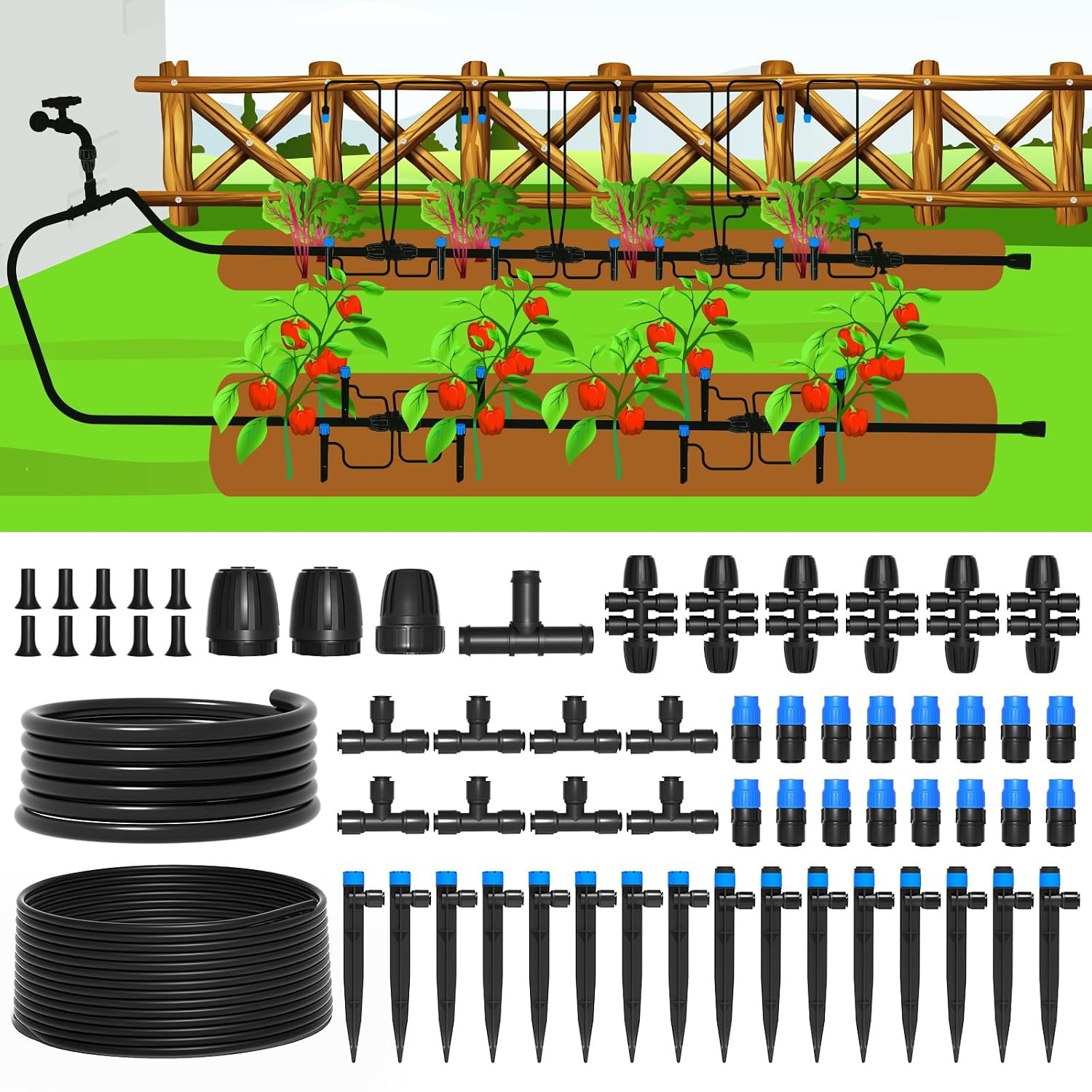 MIXC 247 FT Drip Irrigation System,Quick Connector Garden Watering System Automatic Sprinkler System Kit for Lawn Raised Bed Greenhouse Plant Watering System with 1/4” Tubing,Drip Emitters,Connectors