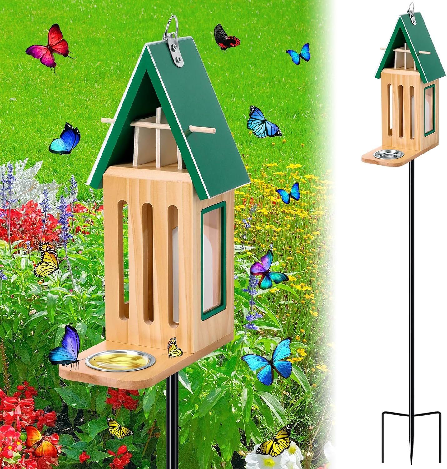 New Upgraded Butterfly House and Feeder for Outside – Wooden Butterfly House with Metal Stake for Garden Backyard, Natural Butterflies Habitat with Puddler on Floor or Hanging on Tree Wall