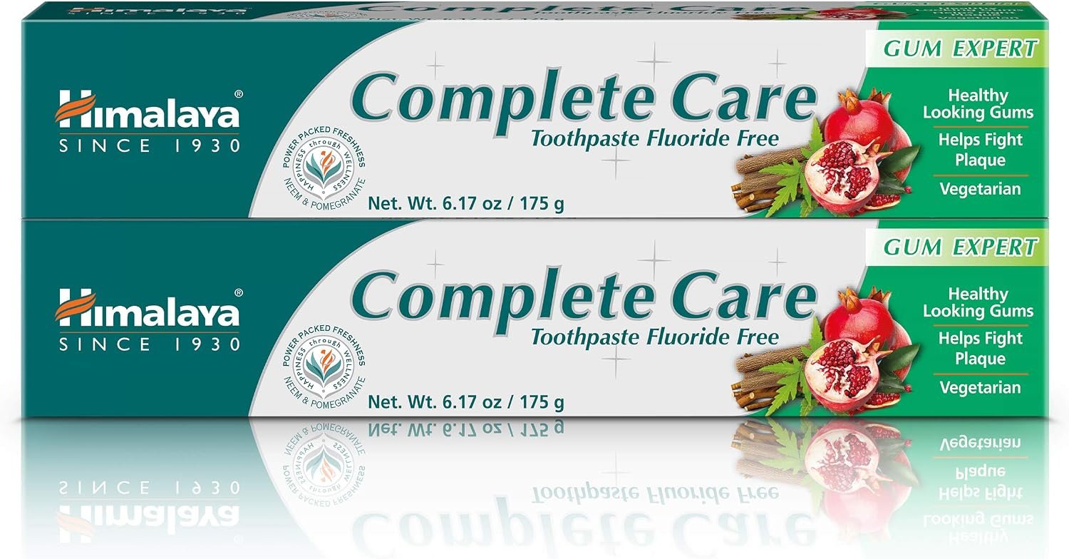 Himalaya Complete Care Toothpaste, Fights Plaque, Freshens Breath, Fluoride Free, Plant-Based, with Neem, Pomegranate, No Artificial Flavors, SLS-Free, Cruelty Free, Mint Flavor, 6.17 Oz, 2 Pack