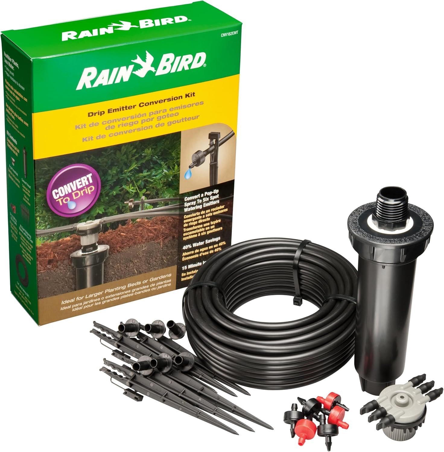 Rain Bird CNV182EMS Drip Irrigation Sprinkler Conversion Kit, 1800 Series Pop-Up to 6 Drip Emitters with 1/4″ Tubing