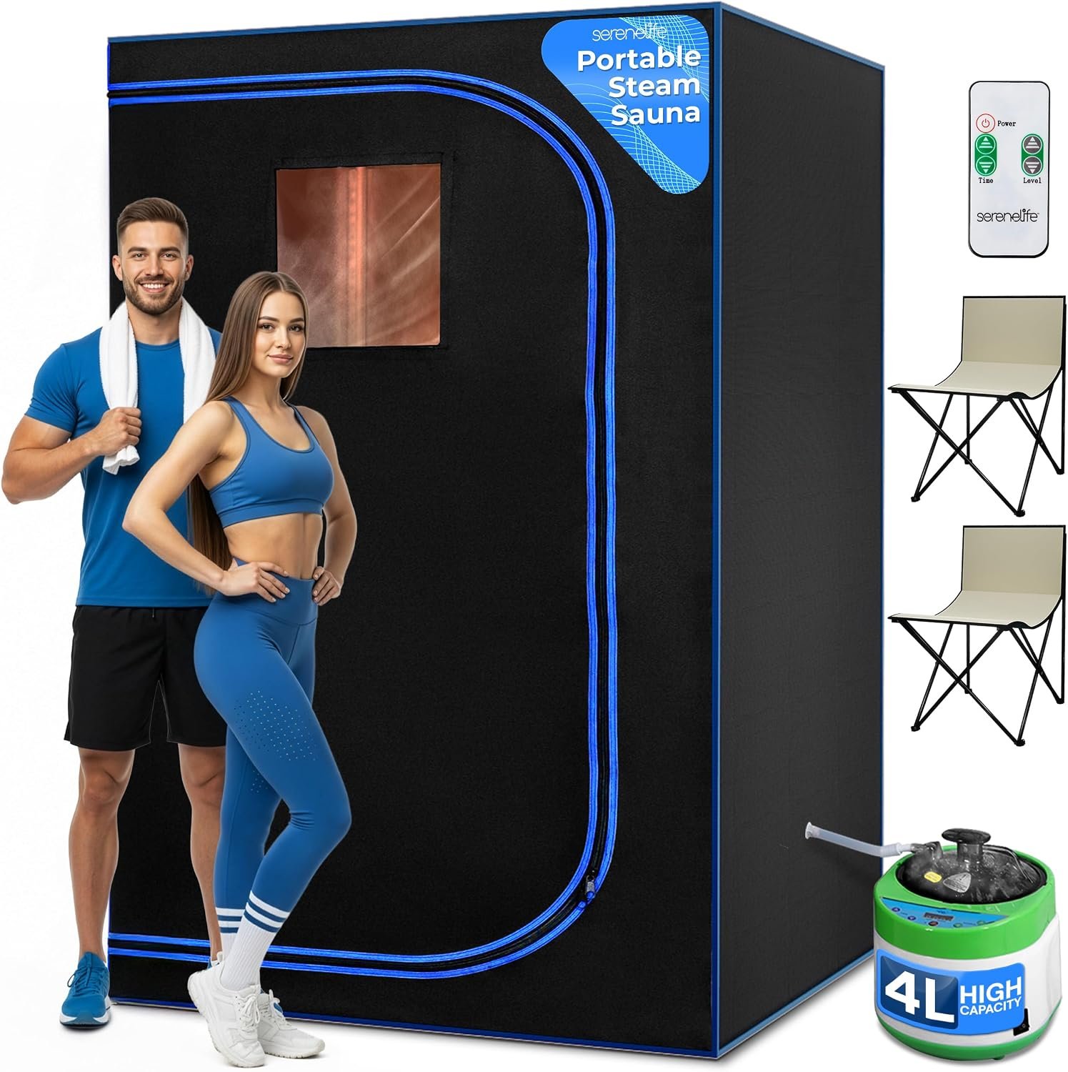 SereneLife Portable Sauna for Home, 2 Person Steam Sauna Tent with 4L Steamer, 2 Folding Sauna Chairs, Remote Control in-Home Spa, 6′ x 4′