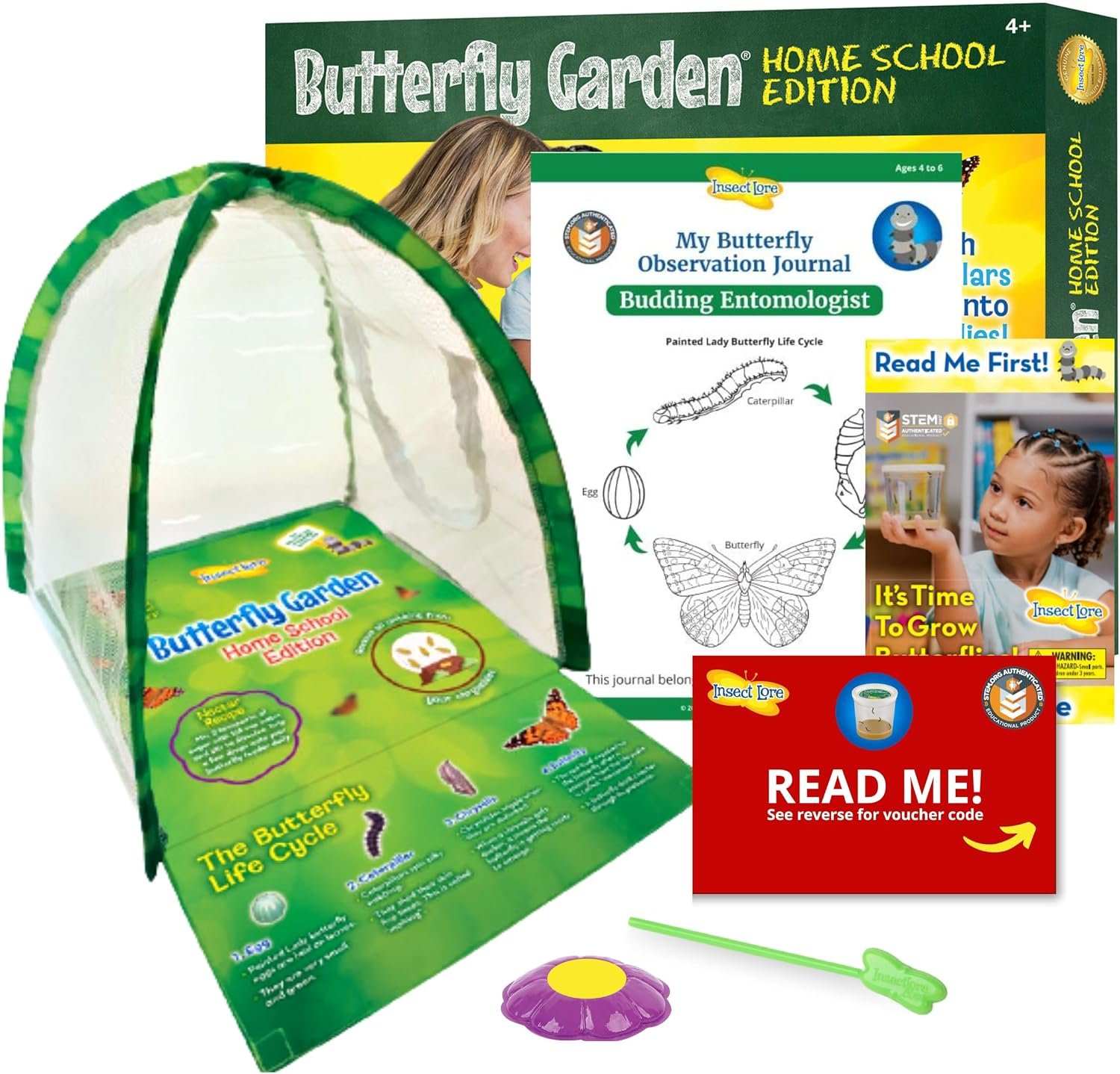 Insect Lore Butterfly Garden with All-Inclusive Voucher to Redeem Caterpillars, Ultra-Clear Dome Habitat – Butterfly Raising Kit, Raise 5 Painted Lady Butterflies from USA