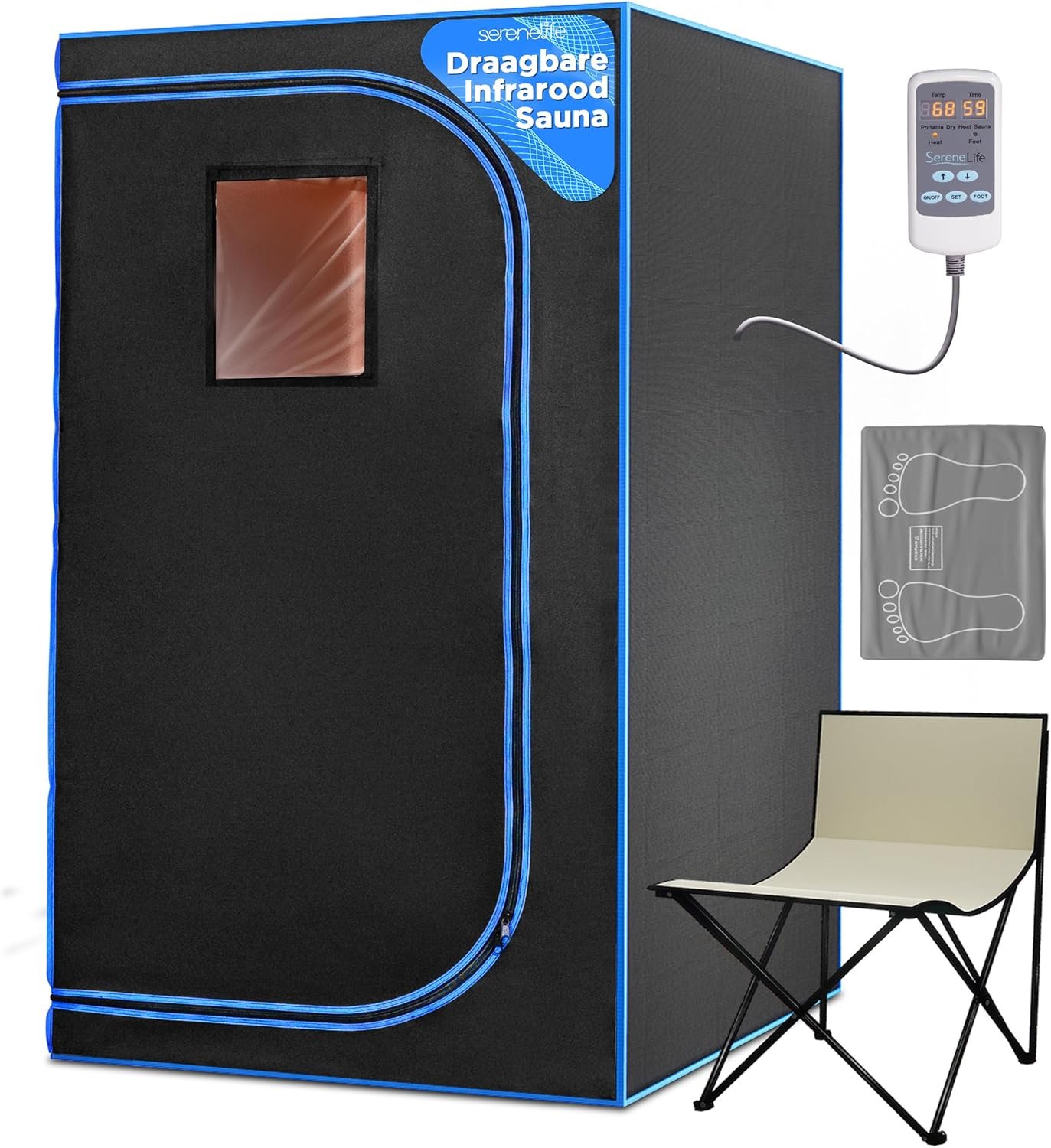 SereneLife Portable Sauna Box for Home, Infrared Sauna Tent with Heated Foot Pad and Folding Chair, Remote Control In-Home Spa, 35″ x 71″ – inch (Black)