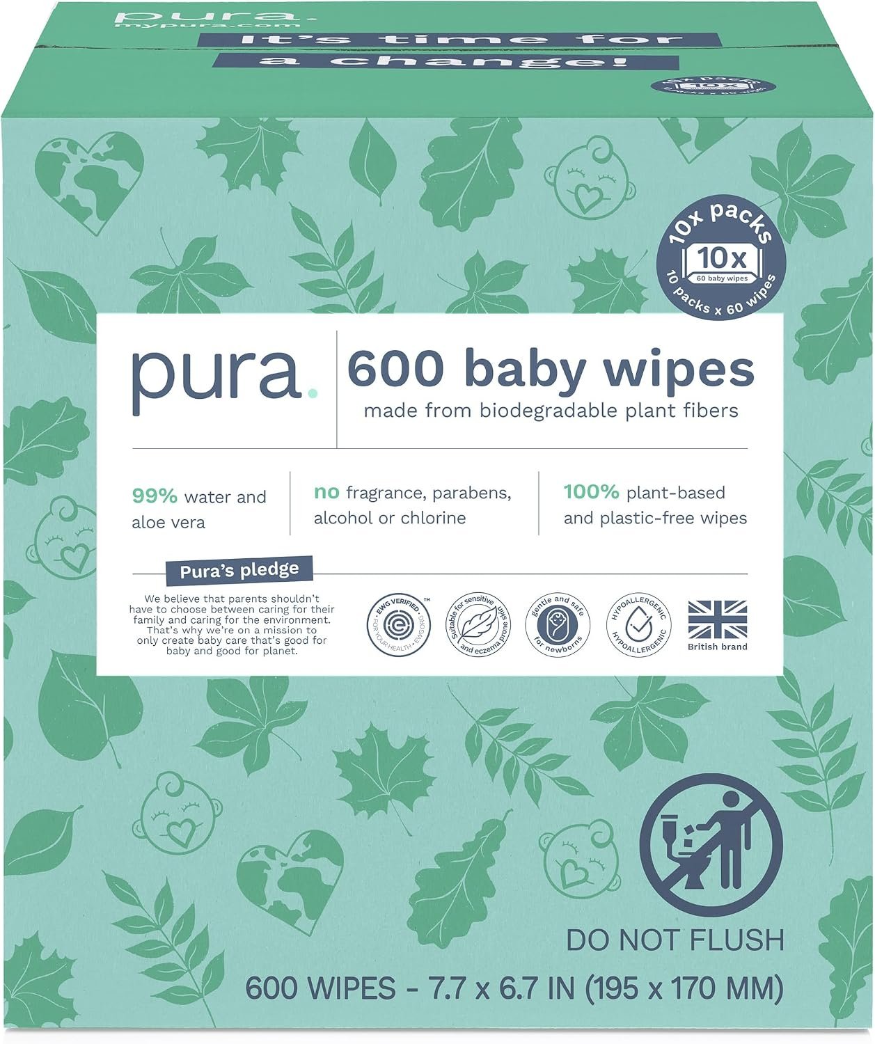 Pura Natural Sensitive Baby Wipes, 99% Water, Unscented & Hypoallergenic, Suitable for Sensitive & Eczema-prone Skin, Hypoallergenic, EWG Verified, 10 Pack of 60 Wet Wipes (600 Diaper Wipes) Bulk Buy