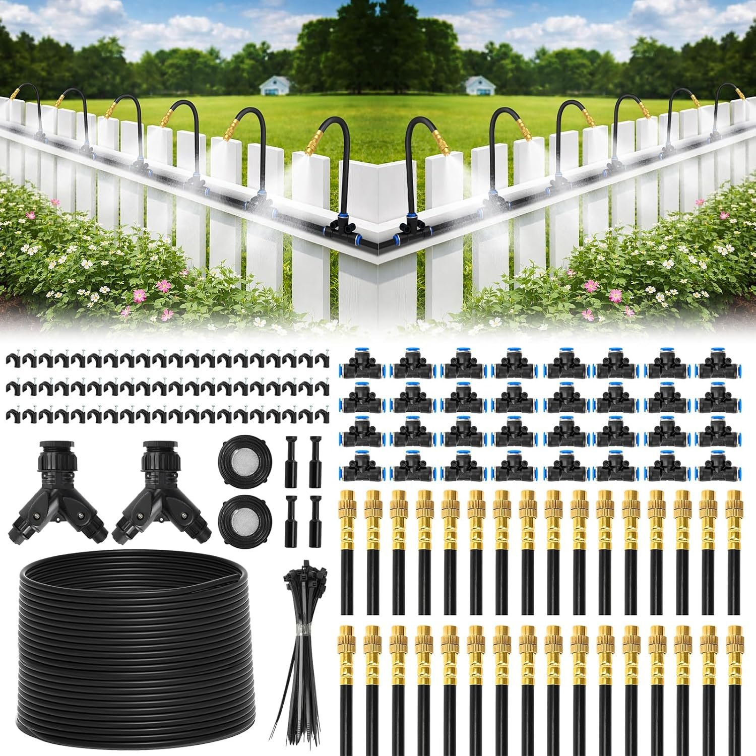 Pro-Series Drip Irrigation System, 200FT 1/4″ Garden Watering System with 32pcs 360° Bendable Copper Nozzles, Leak-Free Quick-Connect Misting Sprinkler Kit for Patio, Raised Beds, Yard, Greenhouse