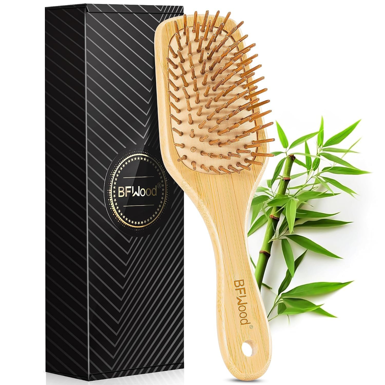 BFWood Bamboo Paddle Hair Brush, Detangler Hairbrush with Bamboo Bristles | BFWood Natural Bamboo Bristles, Wooden Paddle Detangling Hairbrush for Scalp Massage, Hair Growth for Women Men