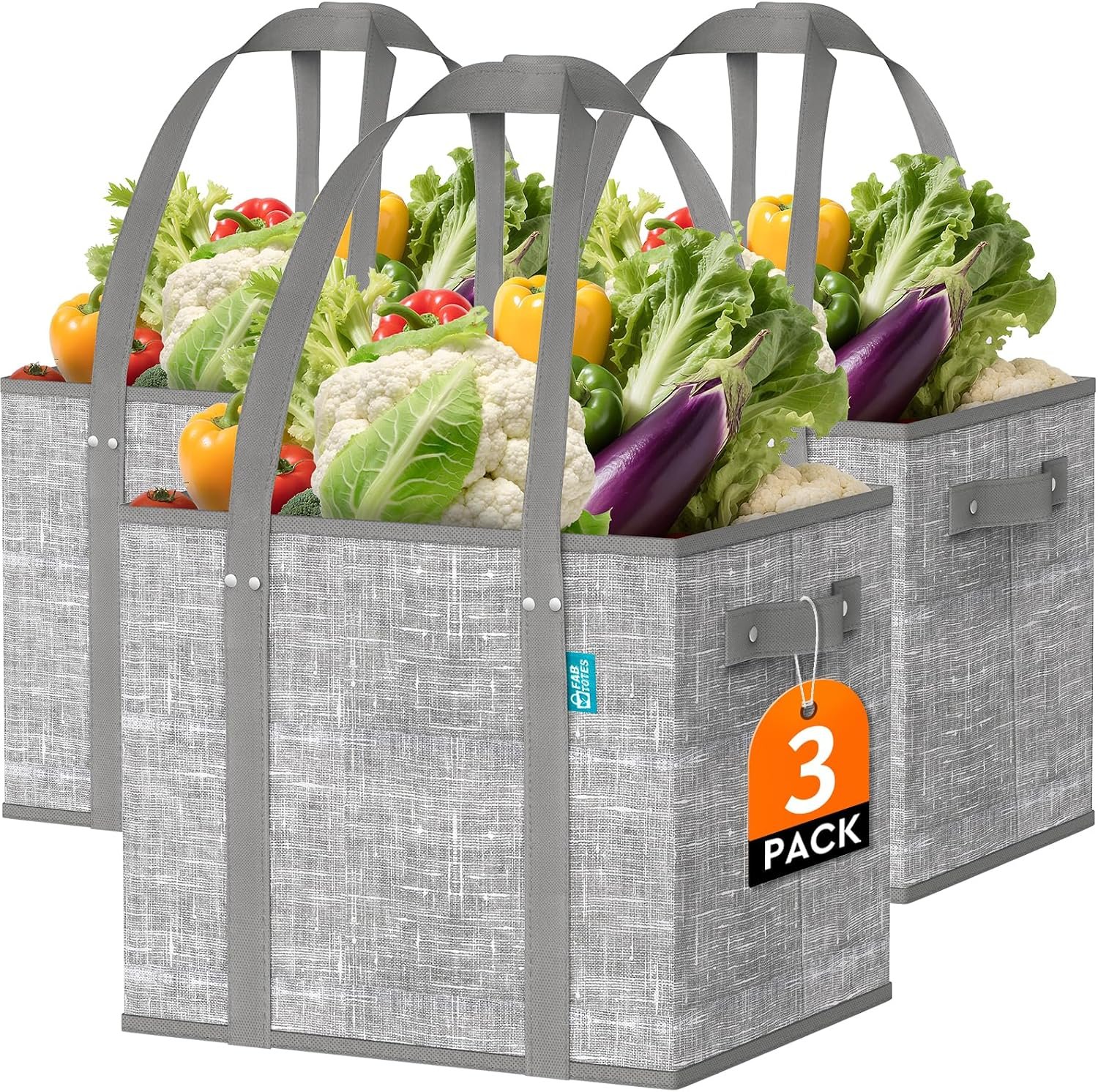 Fab totes Reusable Grocery Bags, Large Foldable Shopping Tote Bags with Reinforced Handles & Hard Bottom,3 Pack,Grey