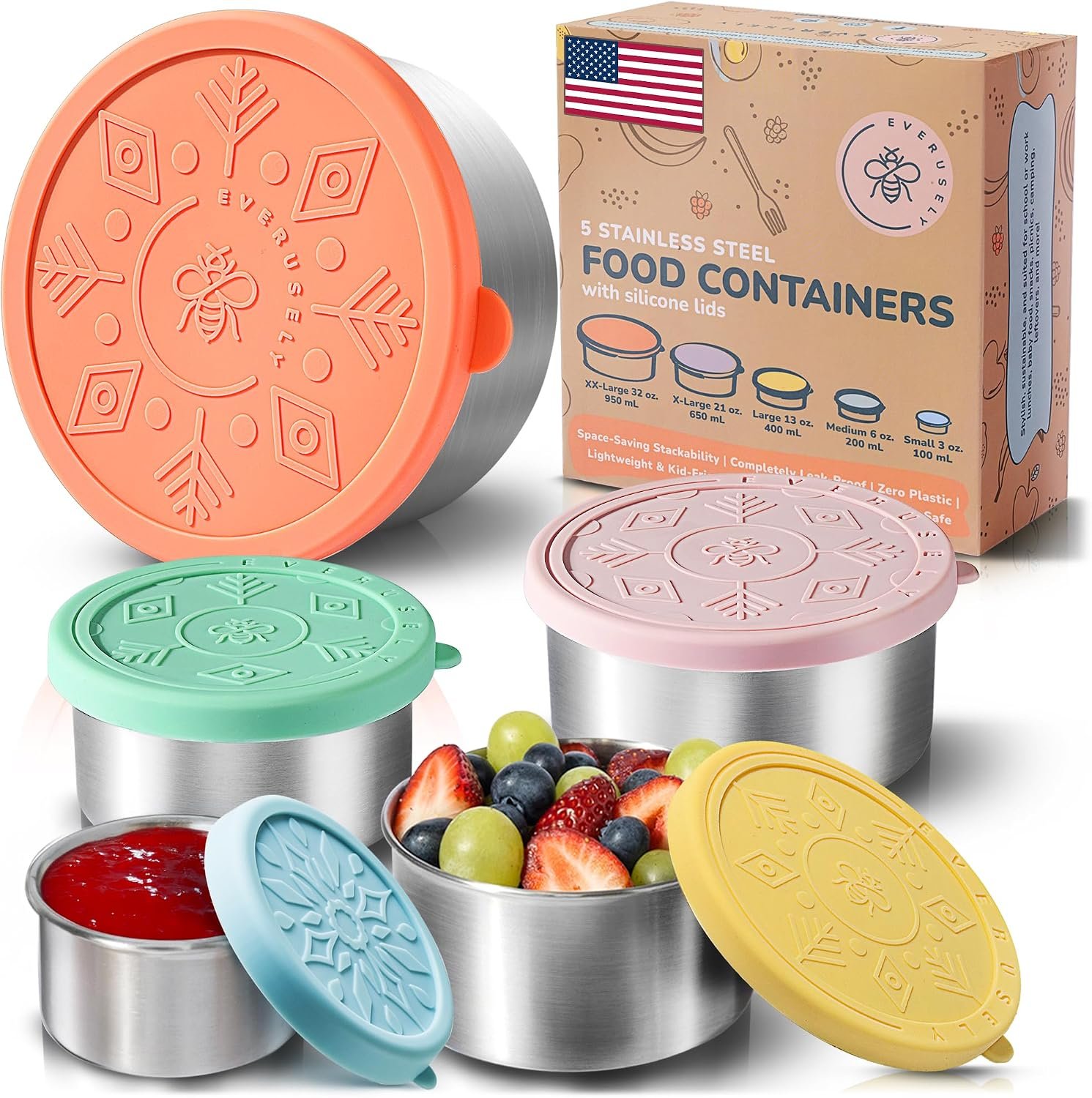 Stainless Steel Food Containers, Metal Lunch Boxes, Set of 5, Bright | Everusely lunch containers feature colorful lids and offer durable utility for snacks, meal prep, and food storage.
