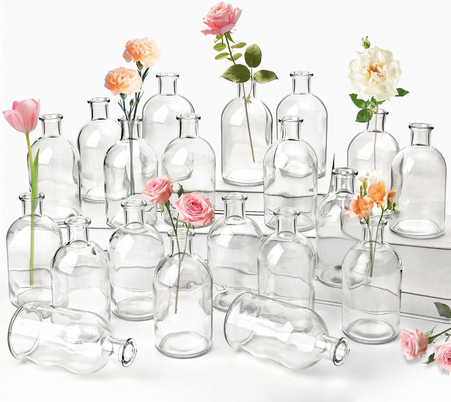 20 Pack Clear Glass Bud Vases for Centerpieces Small Mini Flower Vases | Bulk Vintage Decorative Bottle Vases for Table Decor, Home Accents, Wedding Reception, Party & Office Arrangements