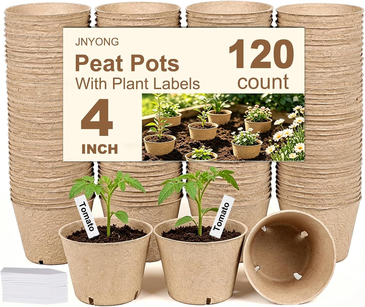 JNYONG 120 Packs 4 Inch Peat Pots,Biodegradable Pots for Seedlings with Drainage Holes, Garden Germination Nursery Pots with100Pcs Plant Labels