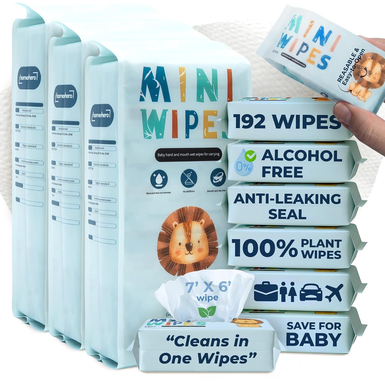 Travel Baby Wipes – 100% Plant-Based Bamboo, Safe for Babies & Sensitive Skin, Unscented, Alcohol-Free, Hypoallergenic, Leak-Proof, Eco-Friendly, 7×5.6 Inch, Moist Up to 30 Days 192 Wipes (Sky Lion)