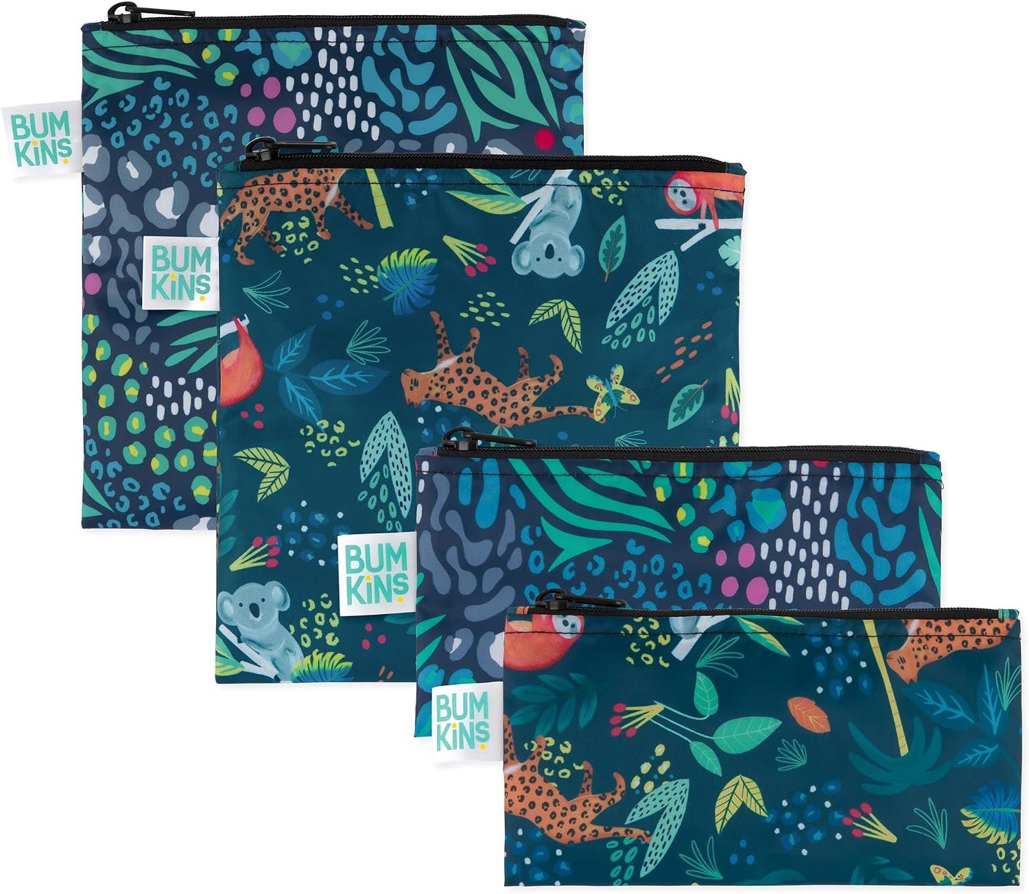 Bumkins Reusable Sandwich and Snack Bags, for Kids School Lunch and for Adults Portion, Washable Fabric, Waterproof Cloth Zip Bag, Travel Pouch, Food-Safe Storage, Large and Small 4-pack Set, Jungle