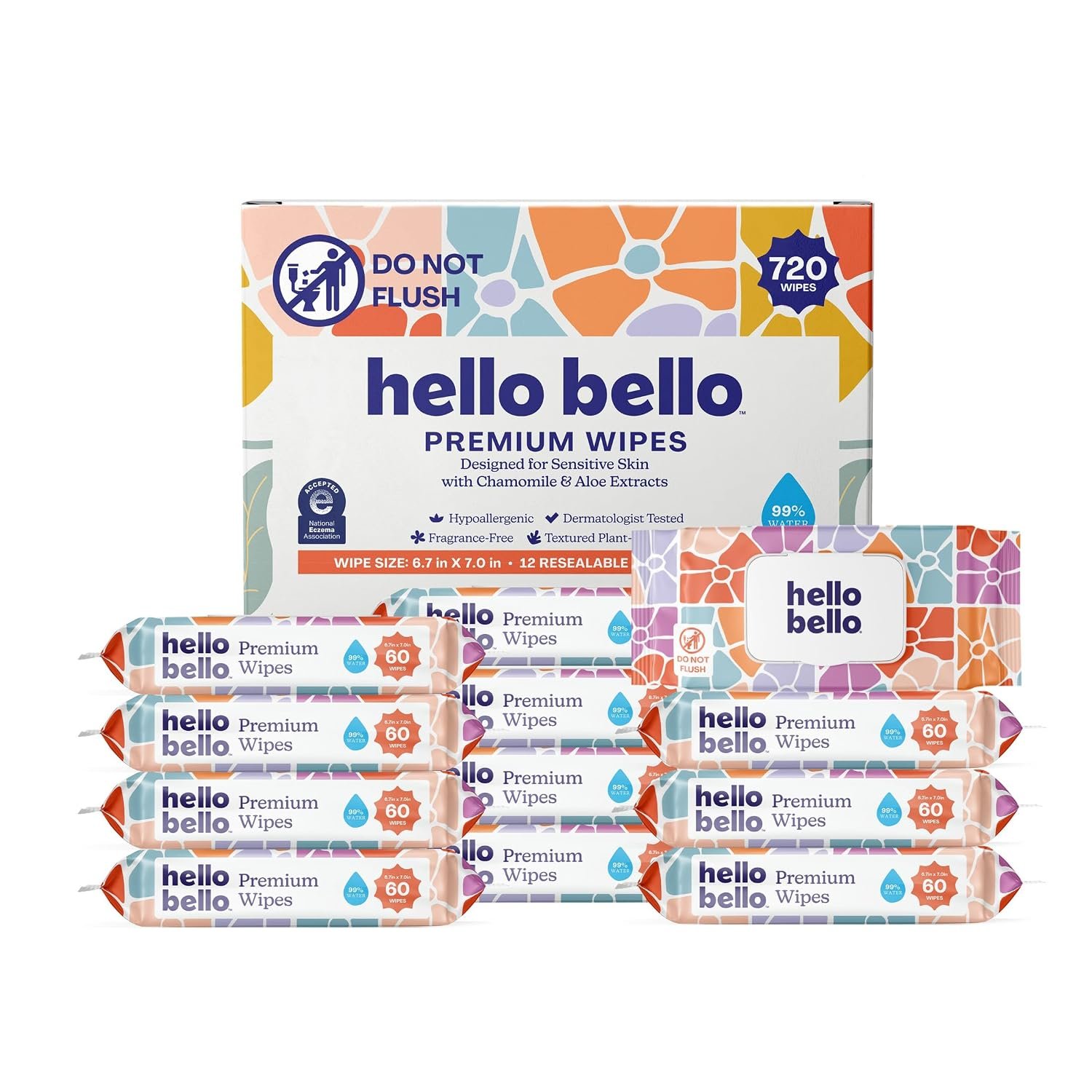 Hello Bello Baby Wipes, Fragrance-Free, 12 Resealable Packets = 720ct