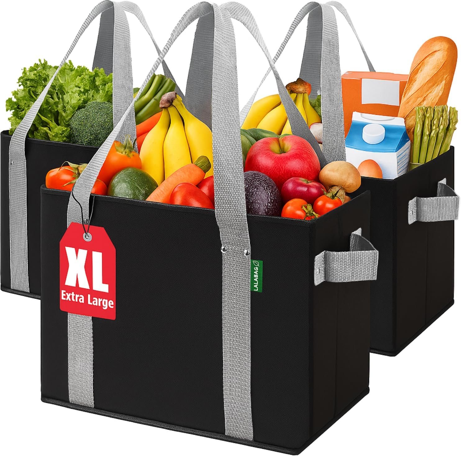 Reusable Grocery Bags (3 Pack ) – Heavy Duty Eco Tote Bags with Box Shape to Stand Up, Hold Up to 65 Lbs – Stay Open & Fold Flat – Foldable Reusable Shopping Bags with Long Handles & Hard Bottom