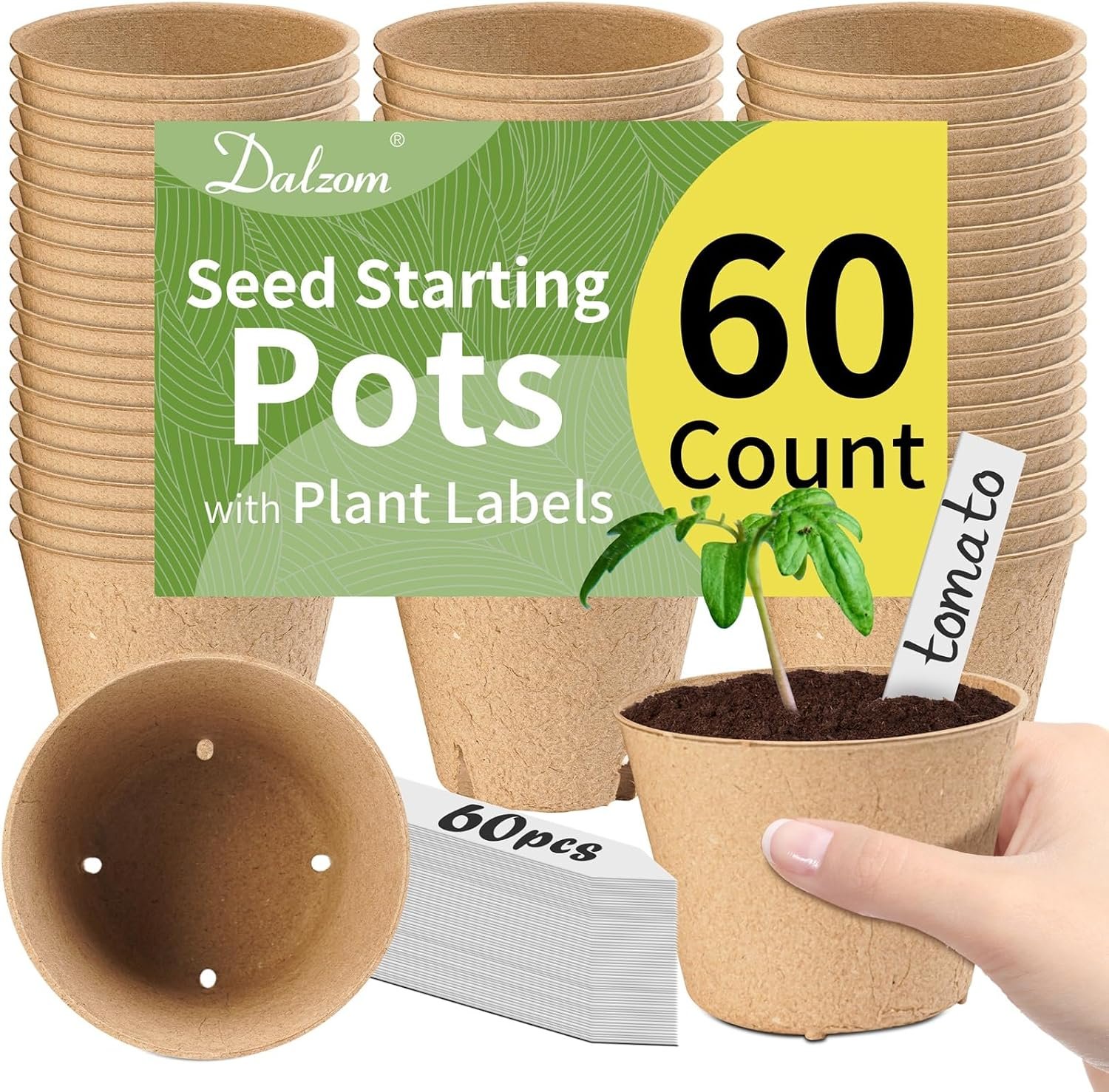 Dalzom® 60Pcs 4” Peat Pots with 60Pcs Plant Labels, Biodegradable Pots for Seedlings with Drainage Holes, Garden Plant Nursery Pots Seed Starting Trays